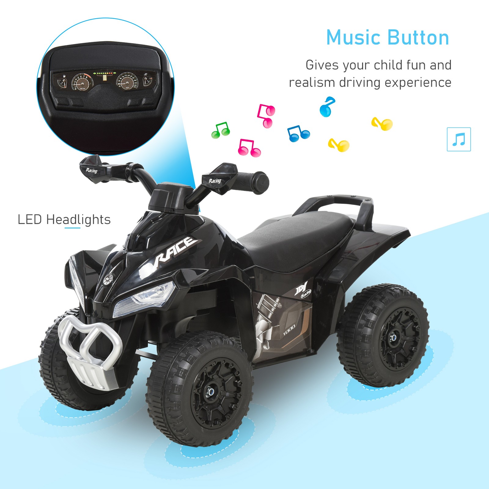 NO Power Kids Ride On Push Car, w/ Music, Lights for 1.5-3, Black