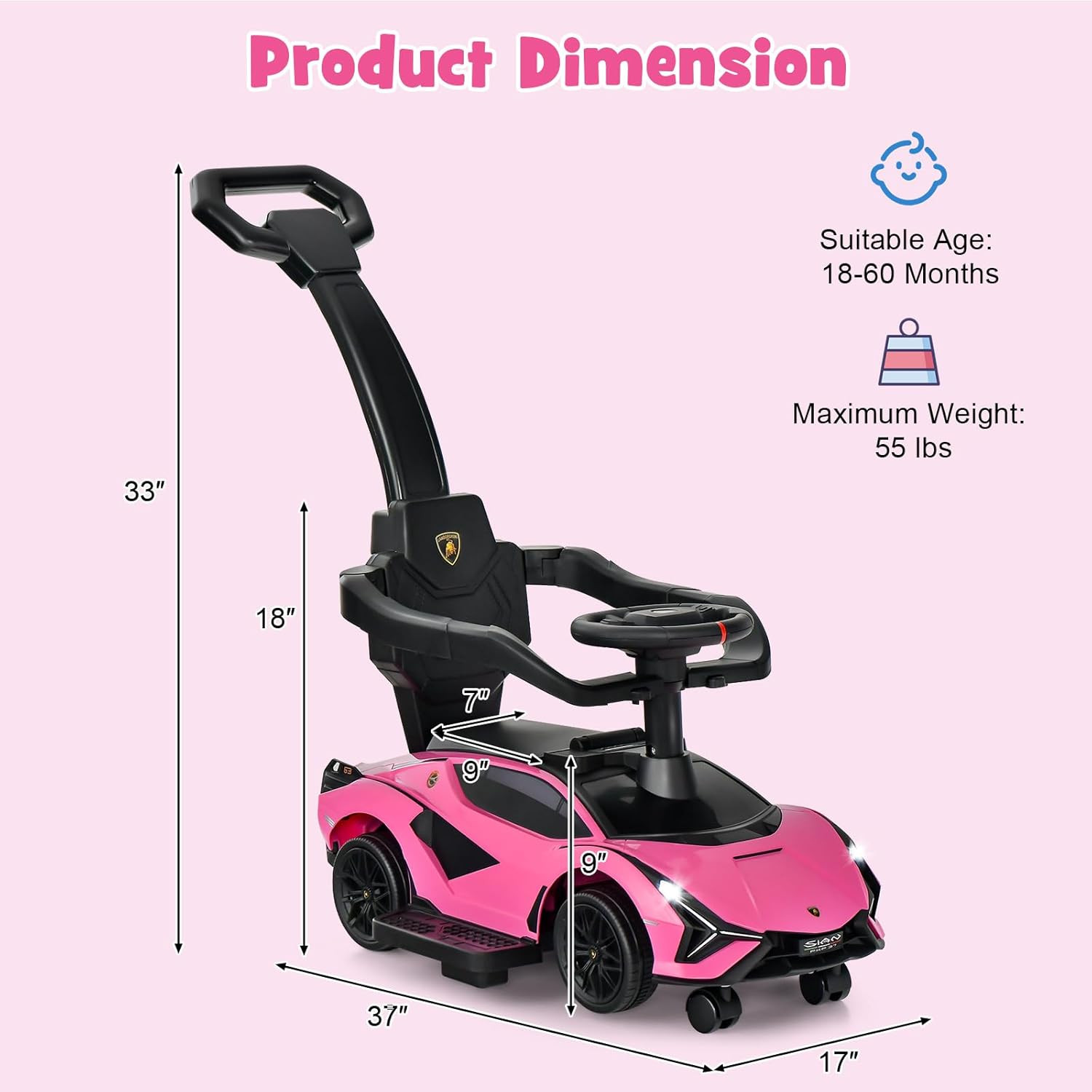 3 in 1 Ride on Push Car, Licensed Lamborghini SIAN Baby Sliding with Parent Cont