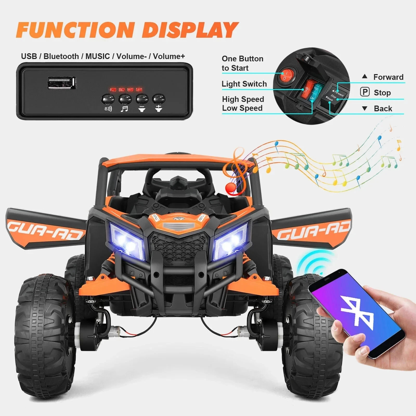 JOYLDIAS Orange 12V Ride on UTV Car Kids Electric Vehicle 3-Speeds,Music,Remote