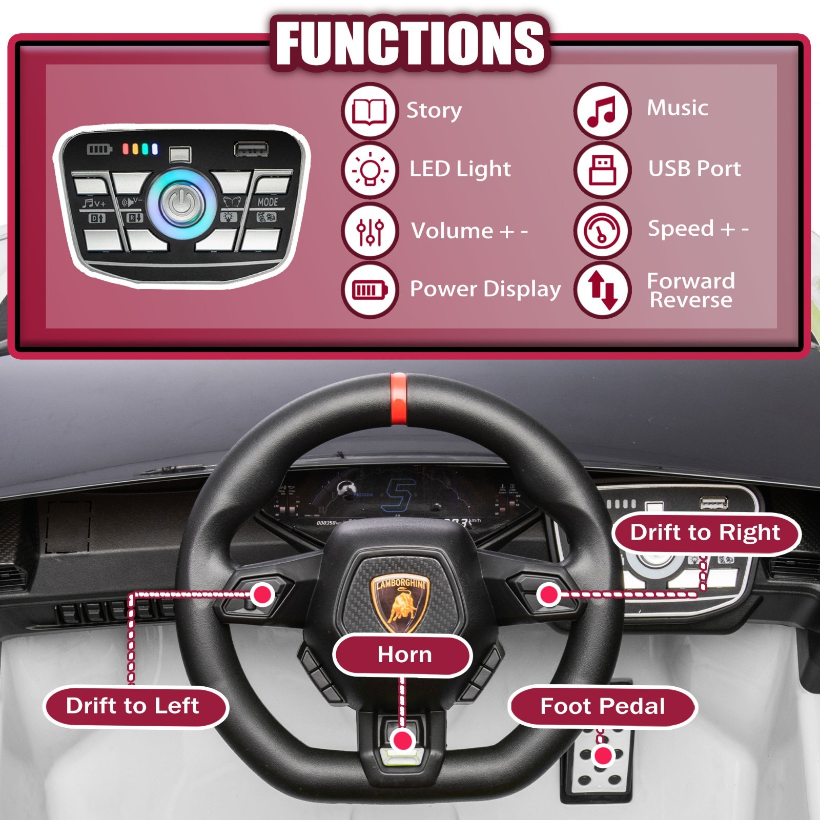 24V Kids Electric Car Ride On Drift Lamborghini Licensed STO Toys w/Remote, Pink