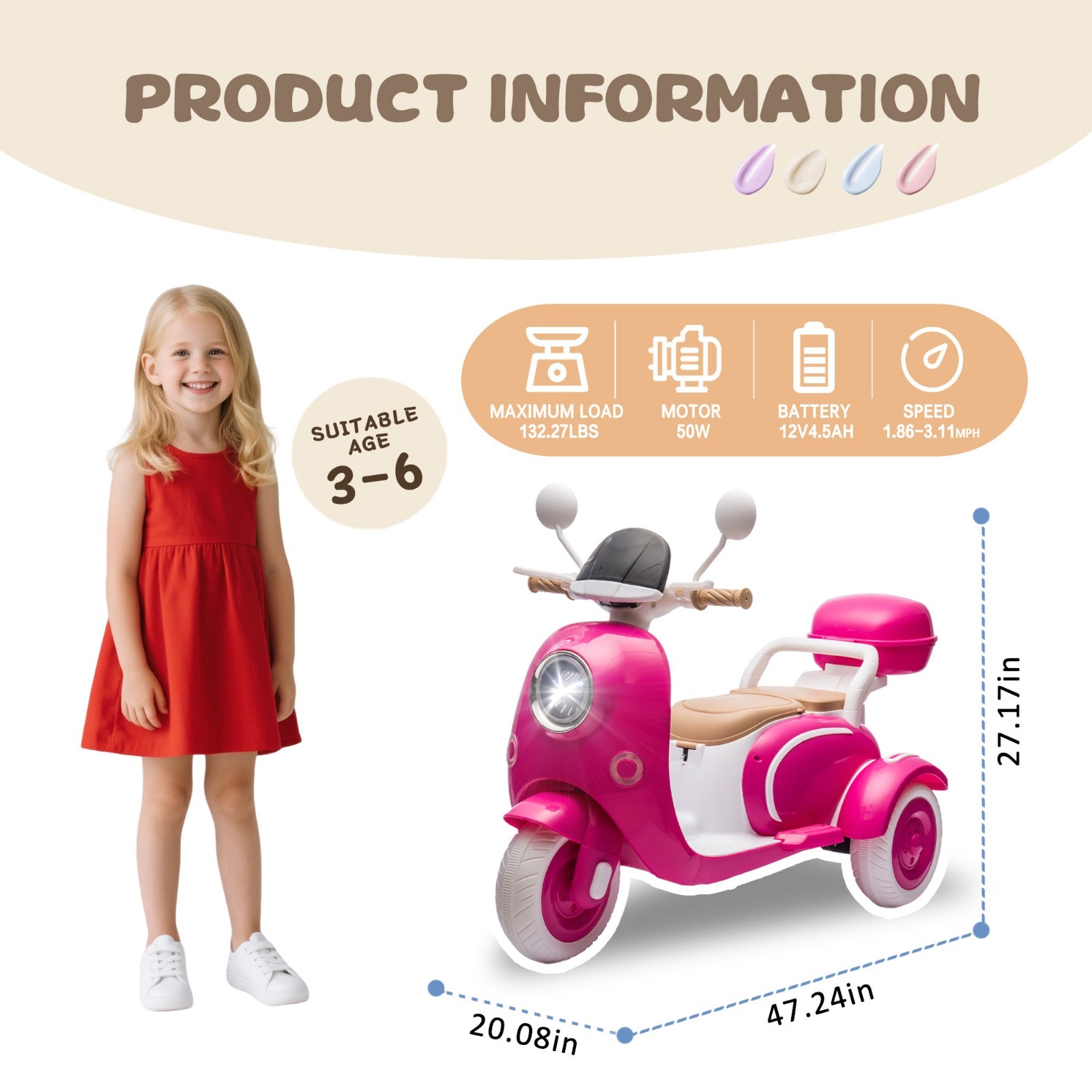12V Ride on toys Kids Electric Motorcycle 2 Seater w/Bluetooth,LED, Rose Red