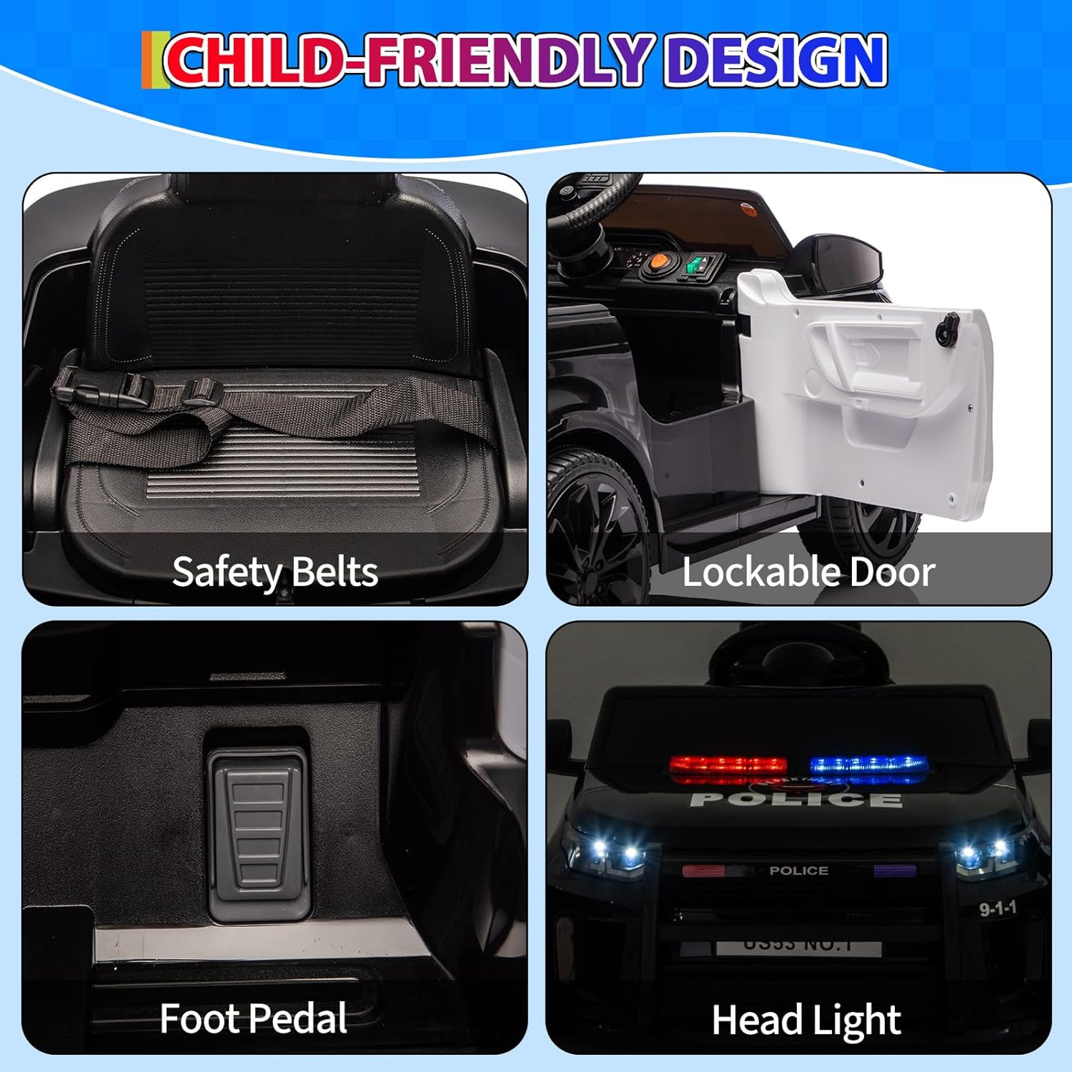 12V Police Car Ride on Electric Car for Kids, Battery Powered Ride-On Toys with