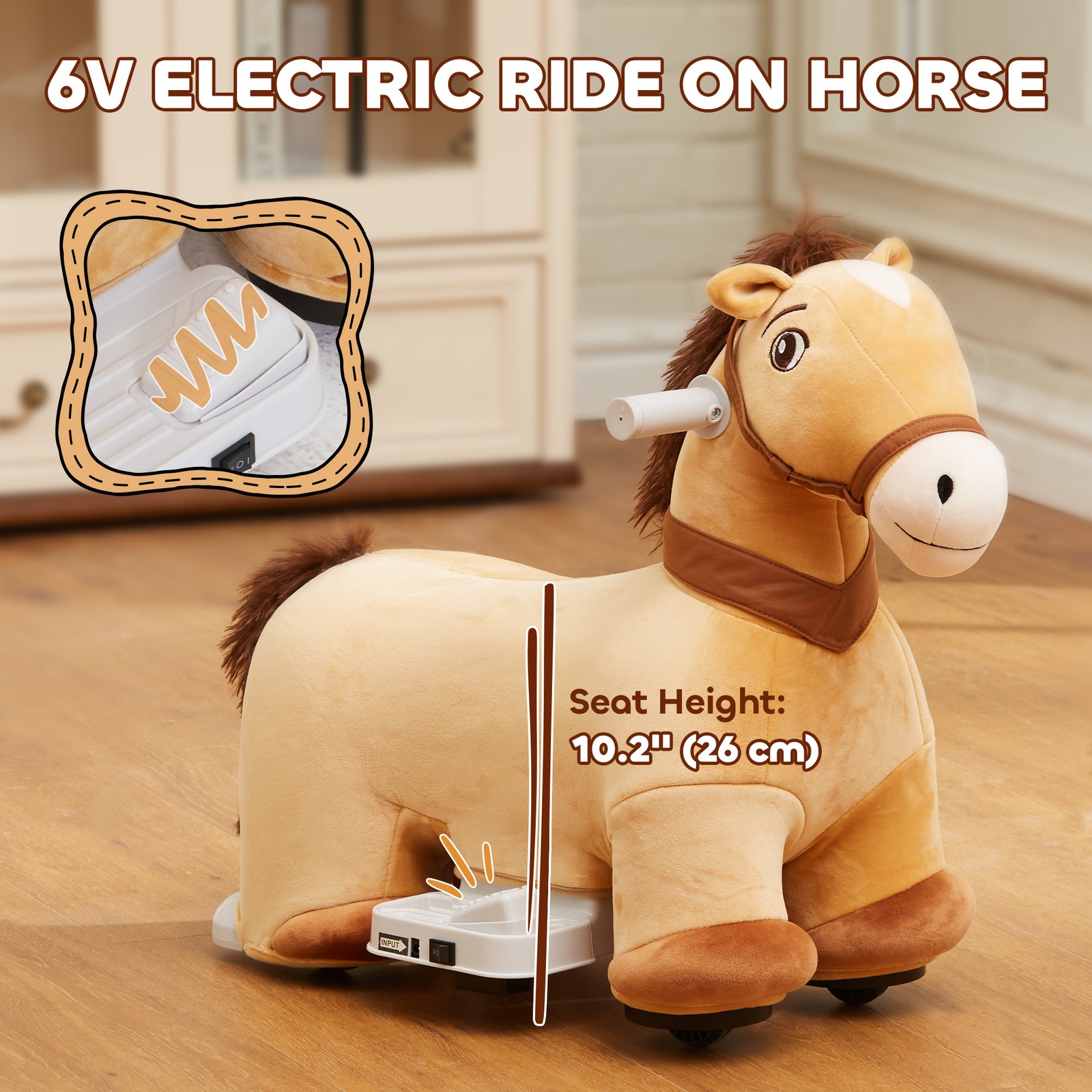6V Electric Ride on Horse with Music Forward, PU Wheels, Brown