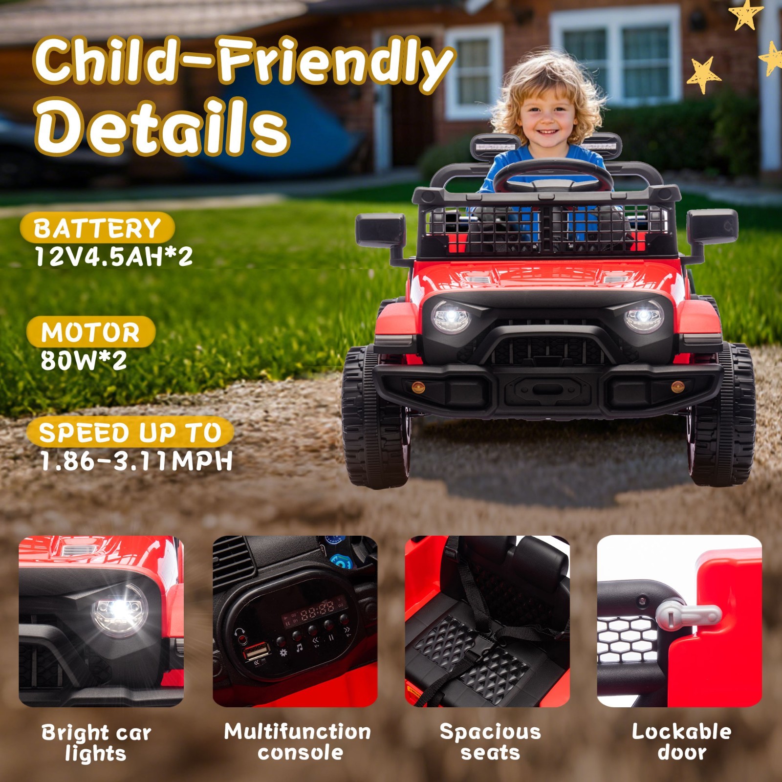 24V Kids Ride on Electric Car w/Remote, Power Wheels Toys for Boys & Girls,Red