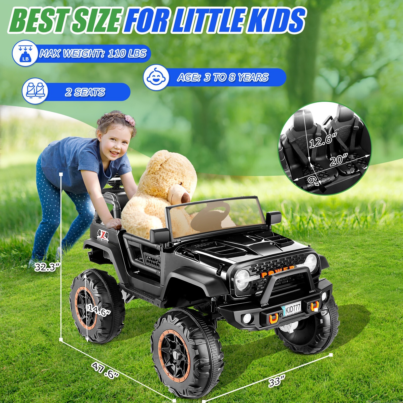 24V Kids Ride On Car,2 Seaters 2x200W Electric Vehicle Truck Bluetooth w/Remote