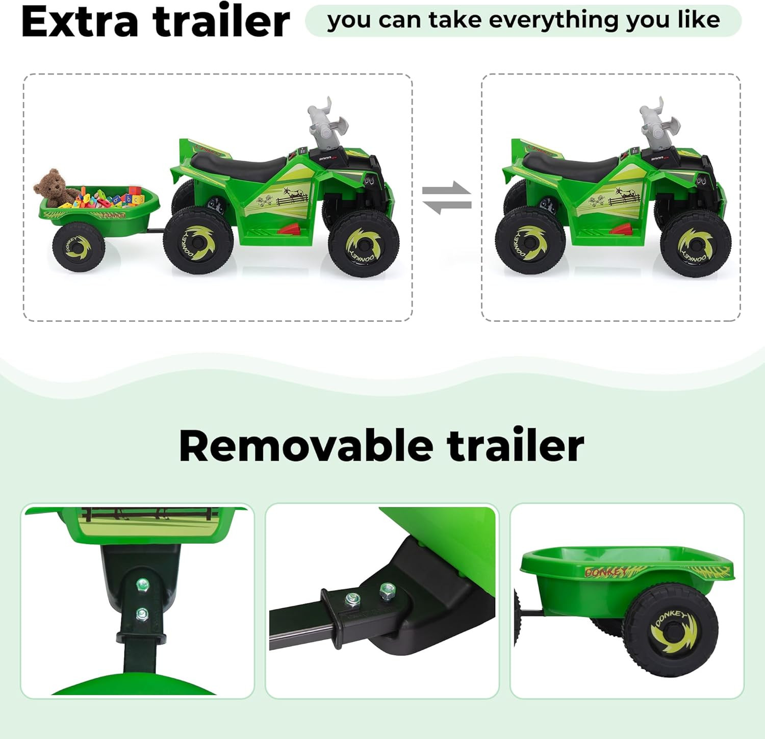 6V Electric Kids Ride on Toy ATV with Trailer, 4 Wheeler Powered Car, Toddler Ve