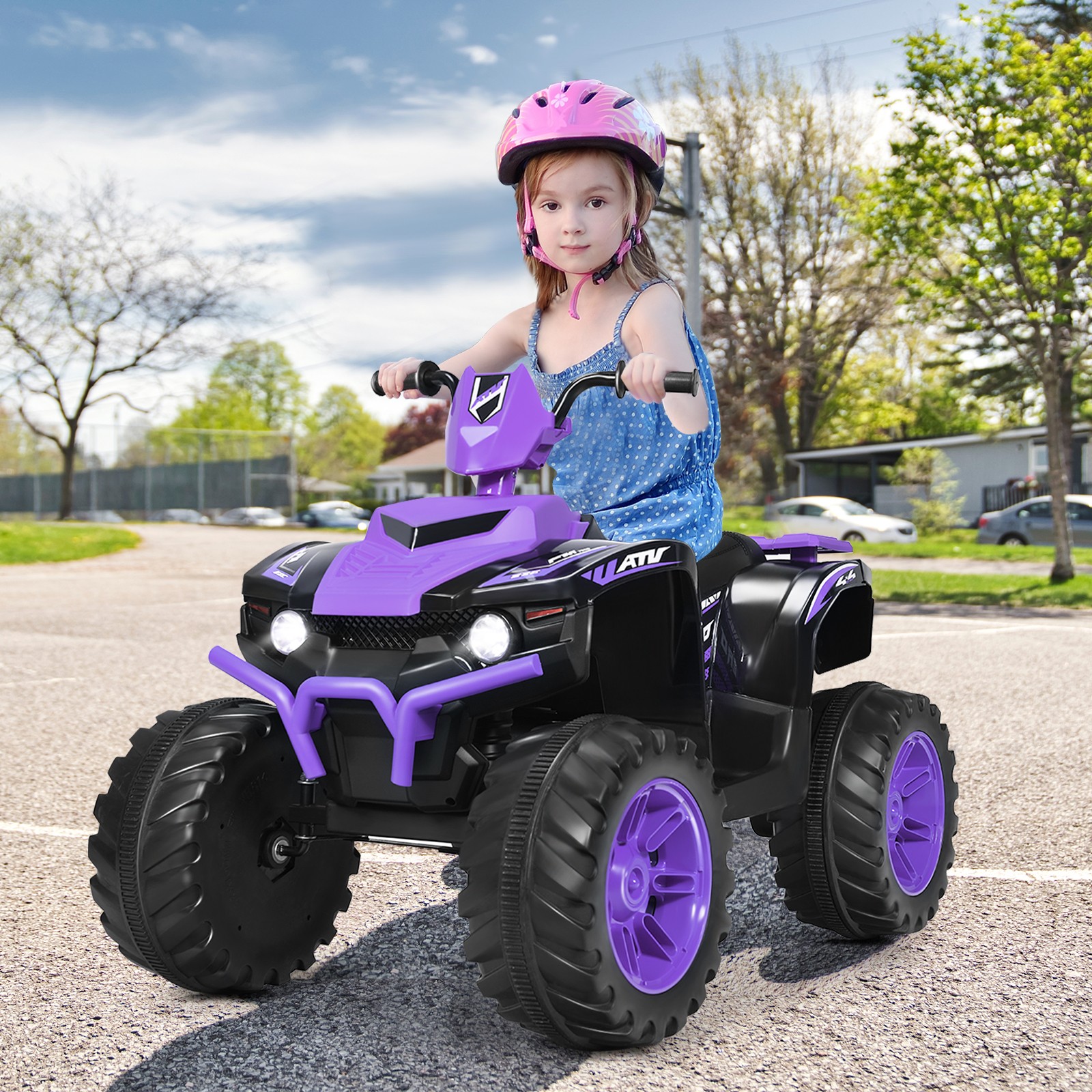Costway 12V Kids 4-Wheeler ATV Quad Ride On Car w/ LED Light & Music Purple