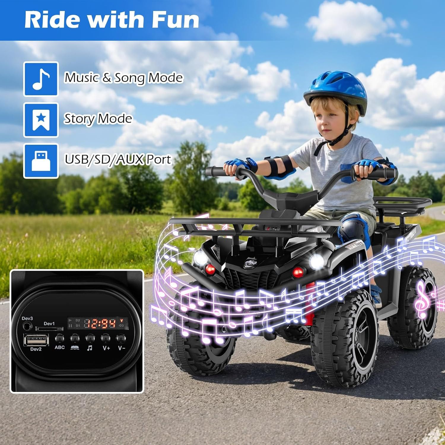 12V Kids ATV Quad with 2 Speeds, Spring Suspension, LED Lights, Music & Story Pl