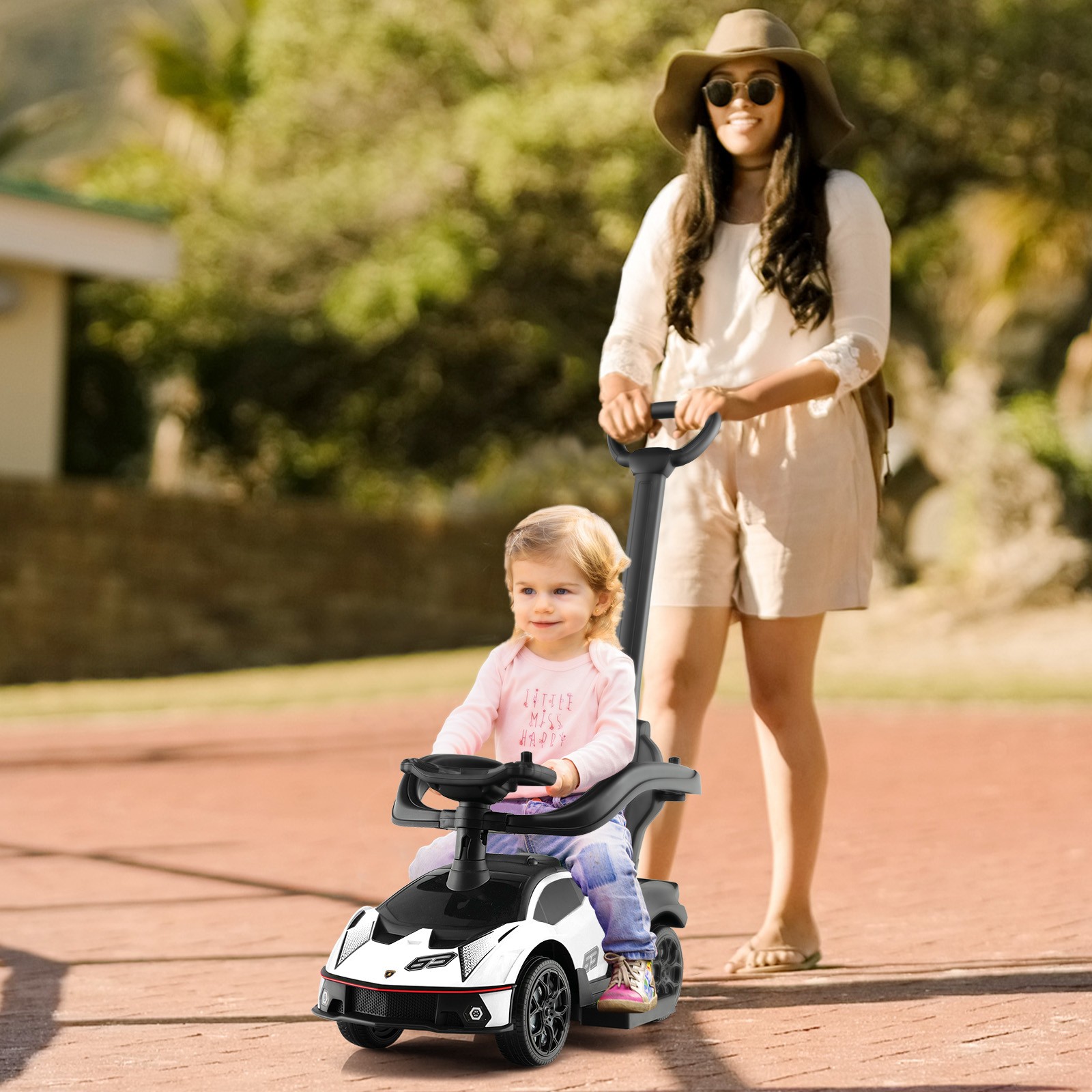 Stroller Sliding Car 3-in-1 Licensed Lamborghini Ride on Push Car w/ Sound White