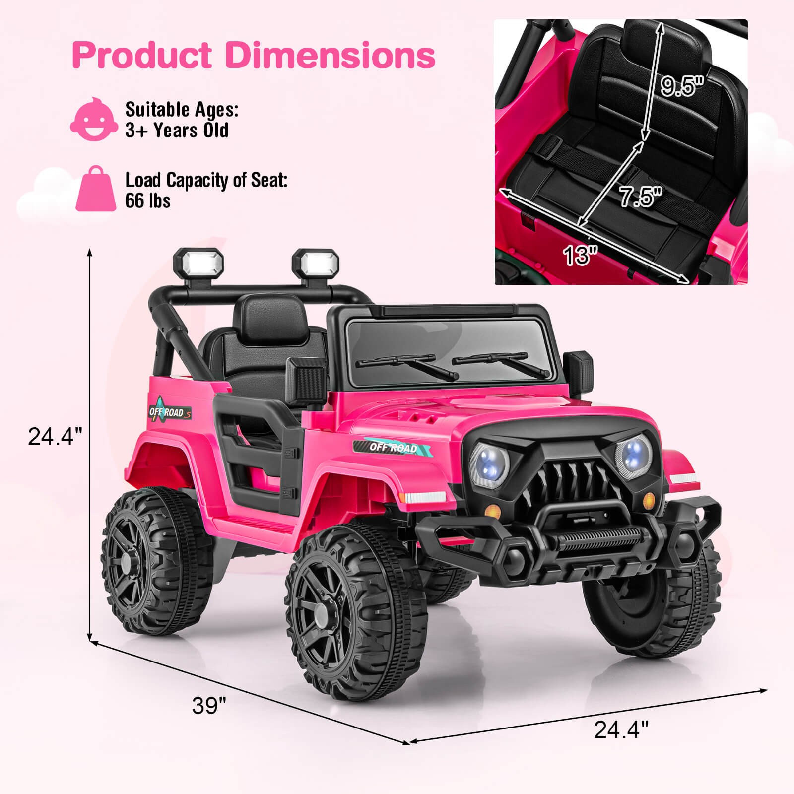 12V Kids Ride on Truck Car w/Remote Control, Threaded Wheels 3 Speeds LED Lights