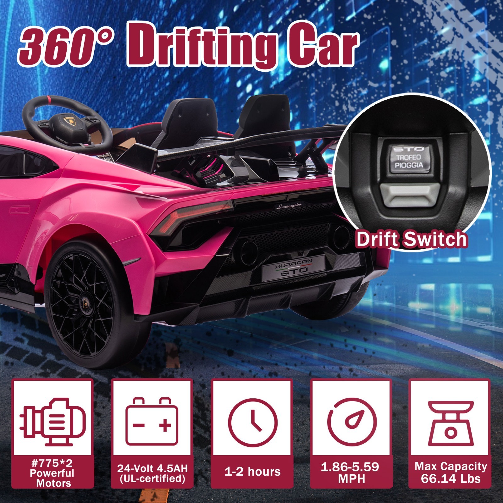 24V Kids Electric Car Ride On Drift Lamborghini Licensed STO Toys w/Remote, Pink