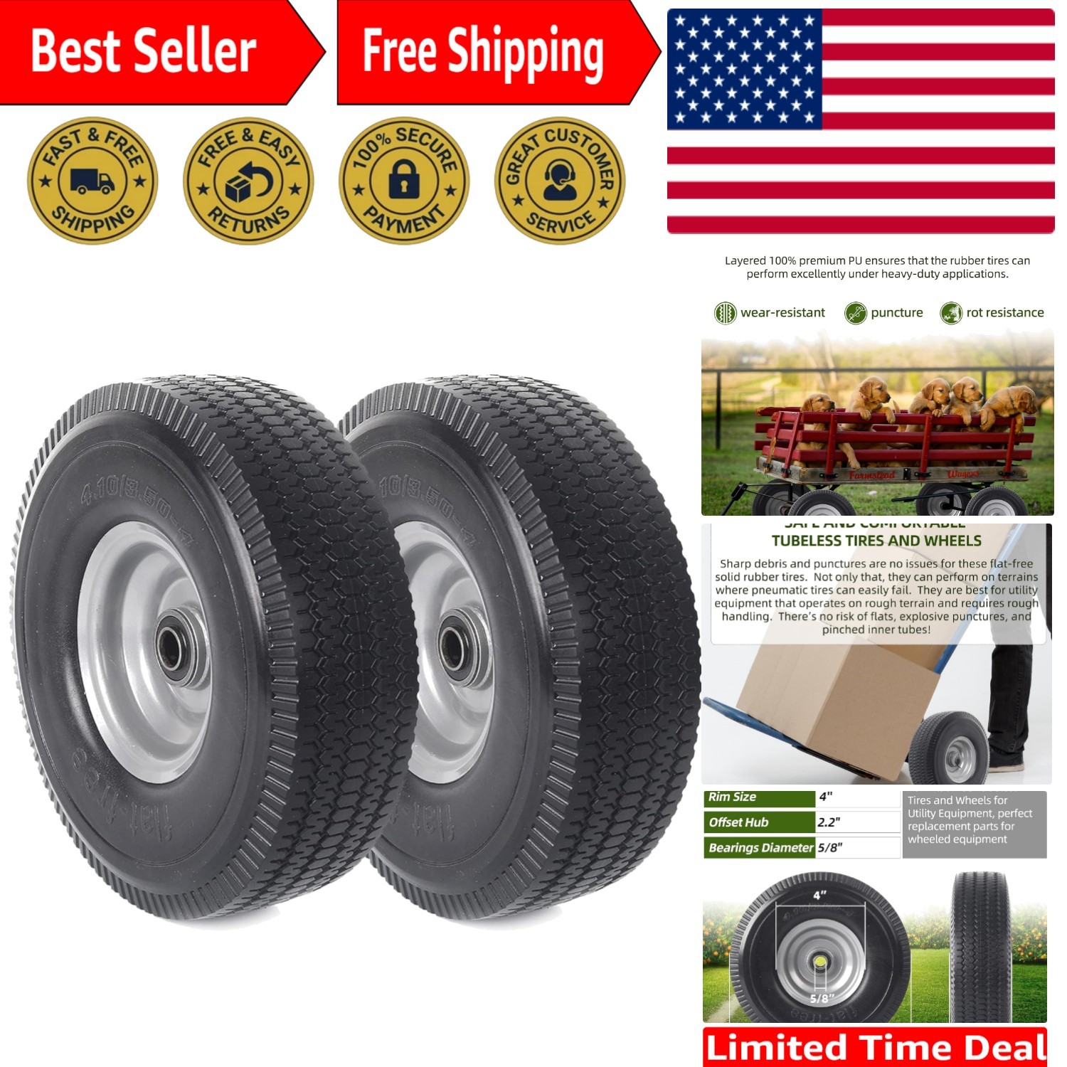 Heavy-Duty 10-Inch Solid Wheel & Tire Set – Flat-Free & Puncture Resistant