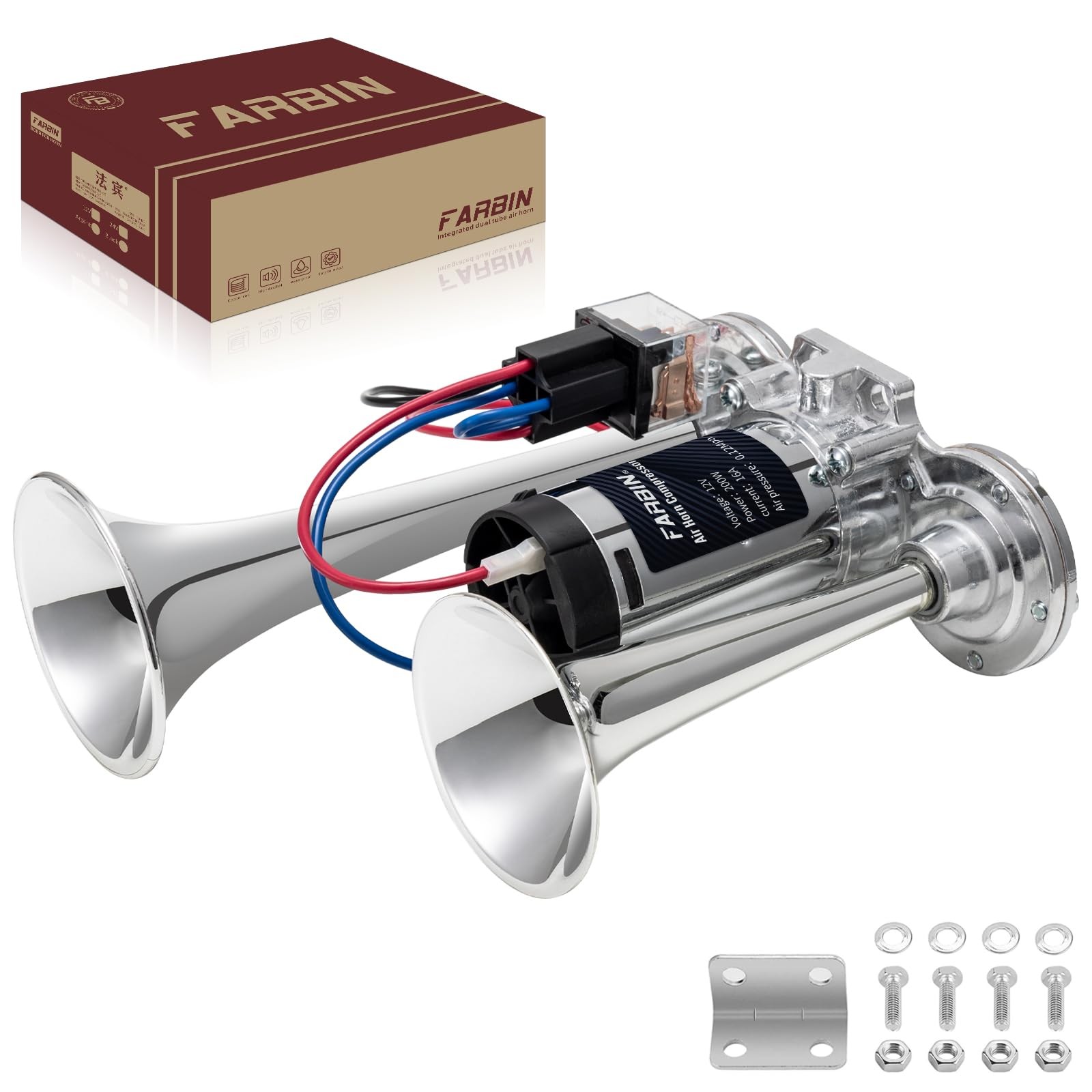 Air Horn for Truck 12V Loud Train Horn with Air Compressor Dual-Trumpet Chrome C