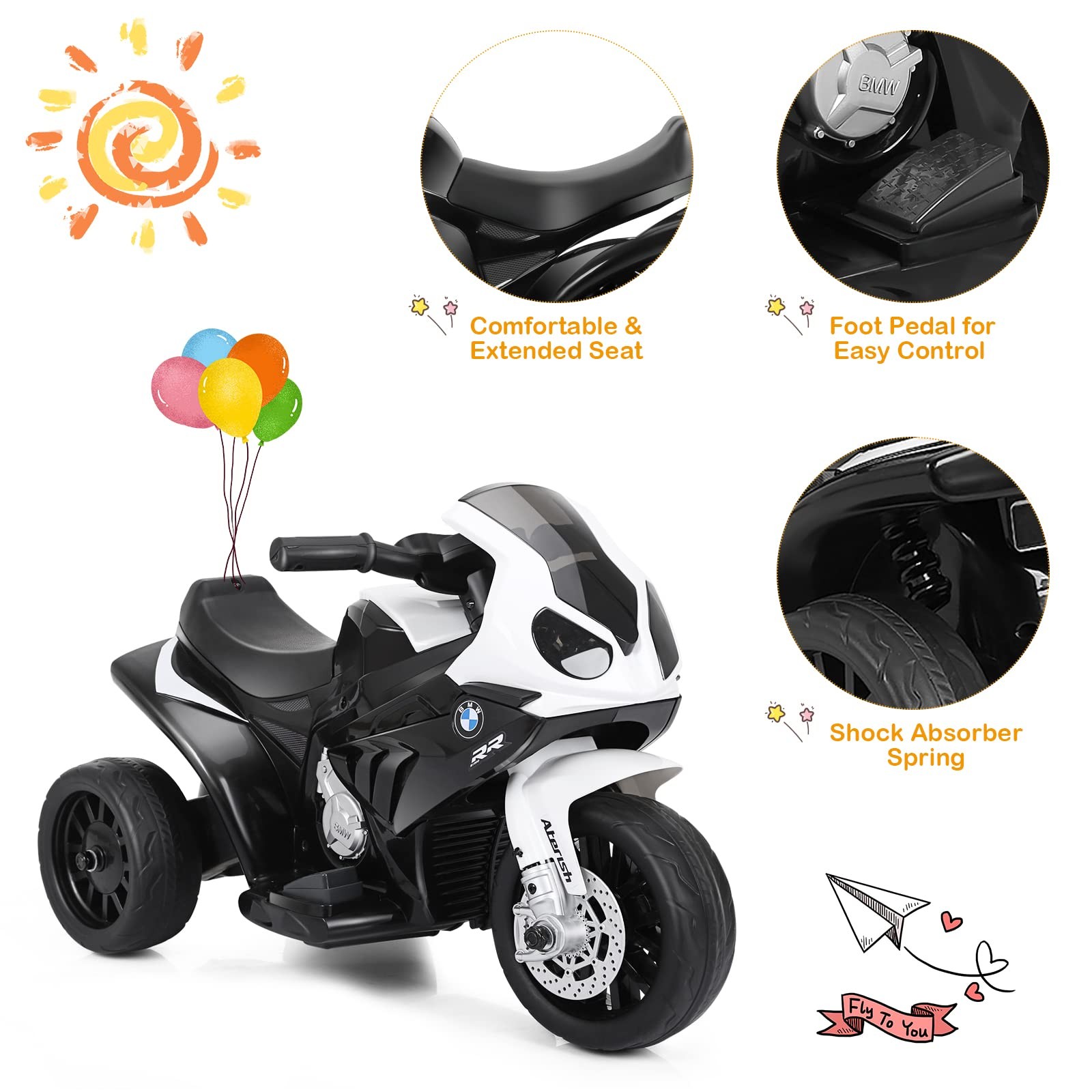 Kids Motorcycle Licensed BMW 6V Battery Ride On LED Lights Music Black