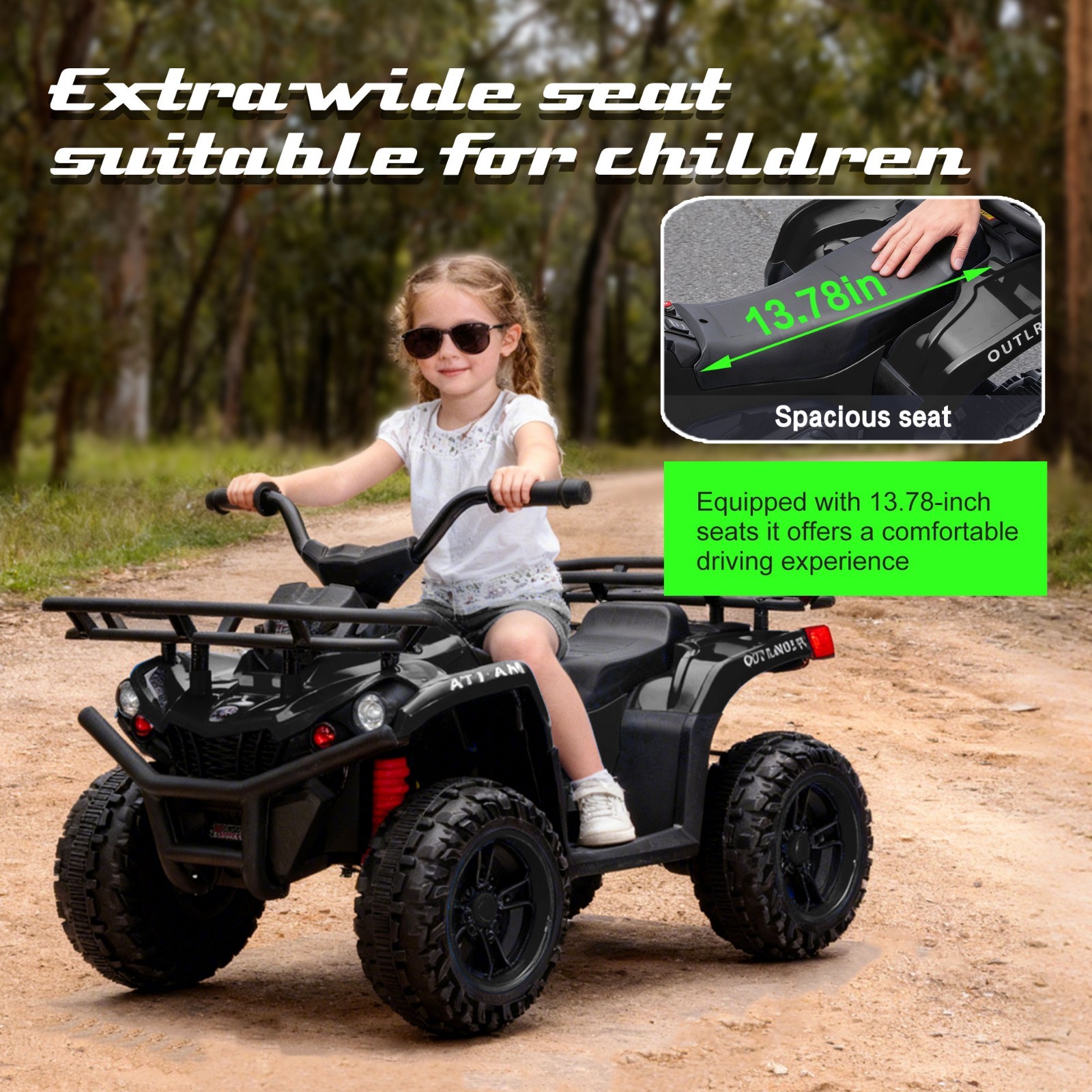 24V Kids Ride On ATV, 160W Off-Road Toys w/LED, Dual Storage Racks,Black
