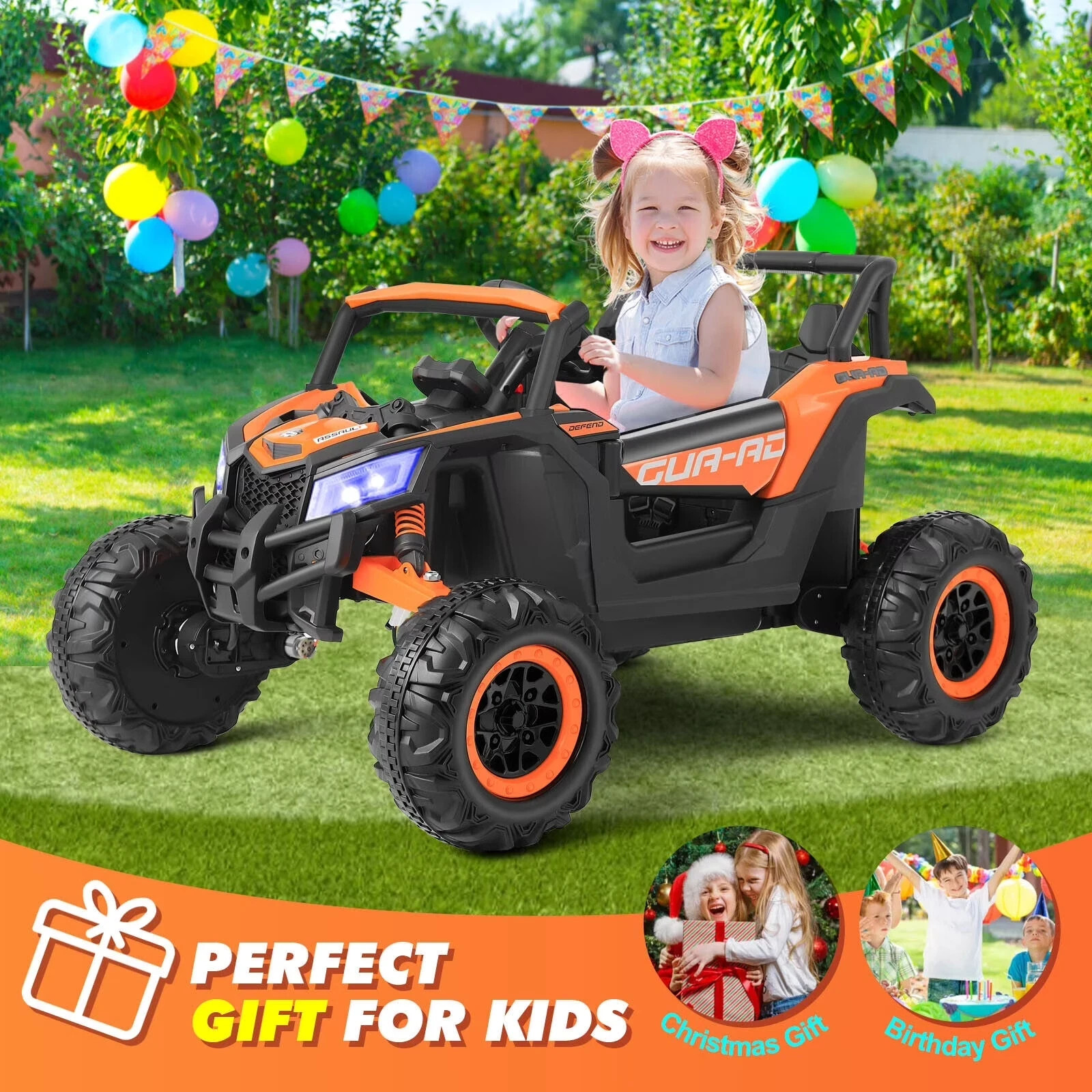 JOYLDIAS Orange 12V Ride on UTV Car Kids Electric Vehicle 3-Speeds,Music,Remote