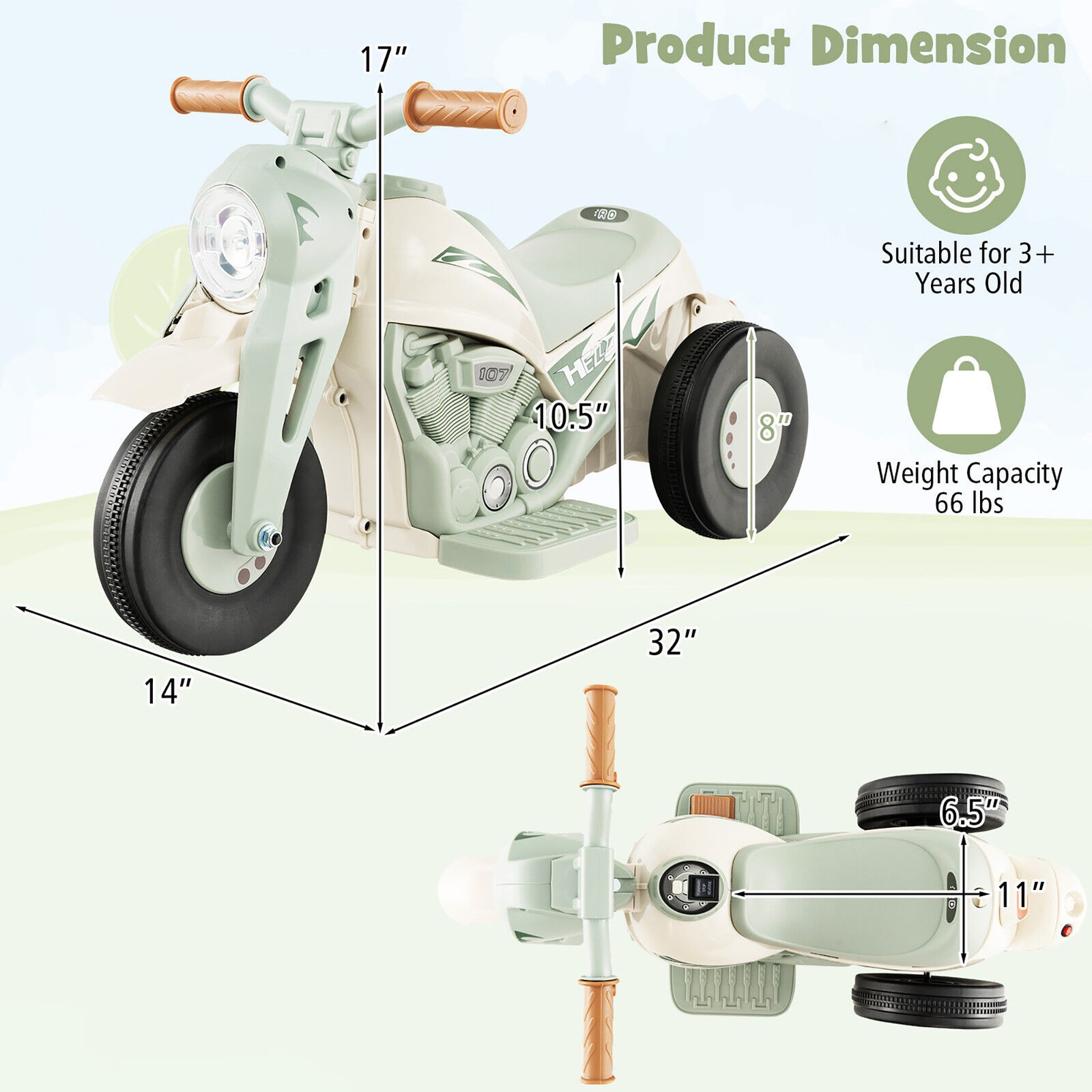 6V Kids Bubble Car Electric Ride On Motorcycle w/Music Button, Headlight Beige