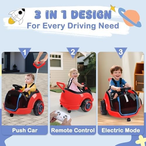 ANPABO 3-in-1 Electric Push Ride On Car, 12V Kids Ride On Toy w/Remote Contro…