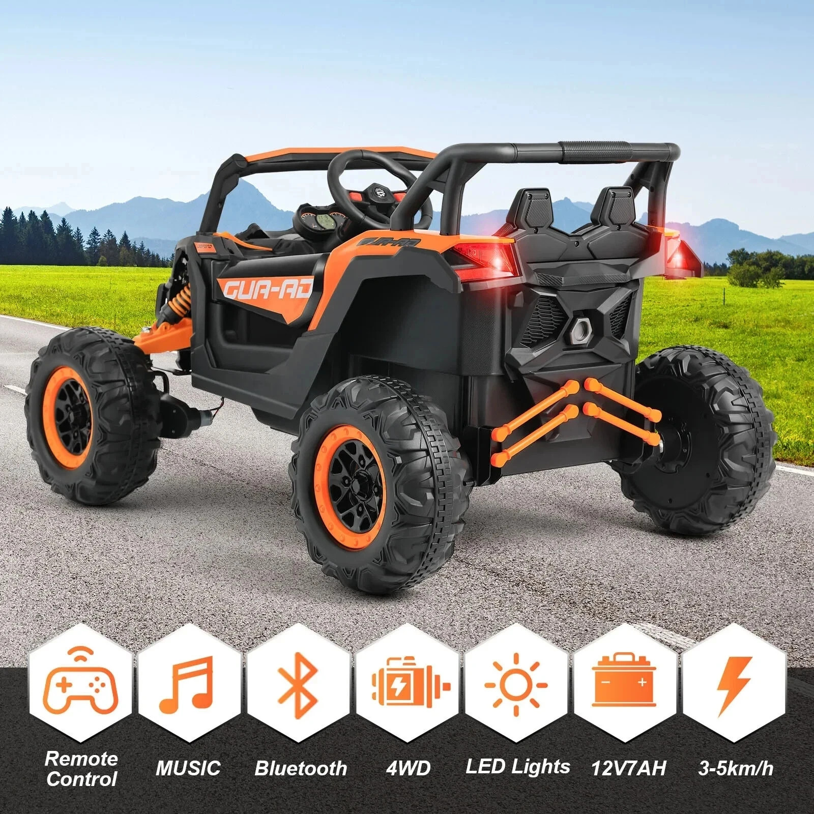 JOYLDIAS Orange 12V Ride on UTV Car Kids Electric Vehicle 3-Speeds,Music,Remote