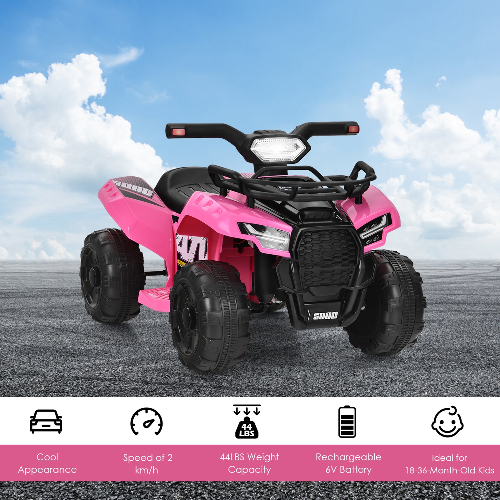 6V 4 Wheels ATV Quad Ride On Car Kids Ride-On Toy w/ Music Horn LED Light Pink