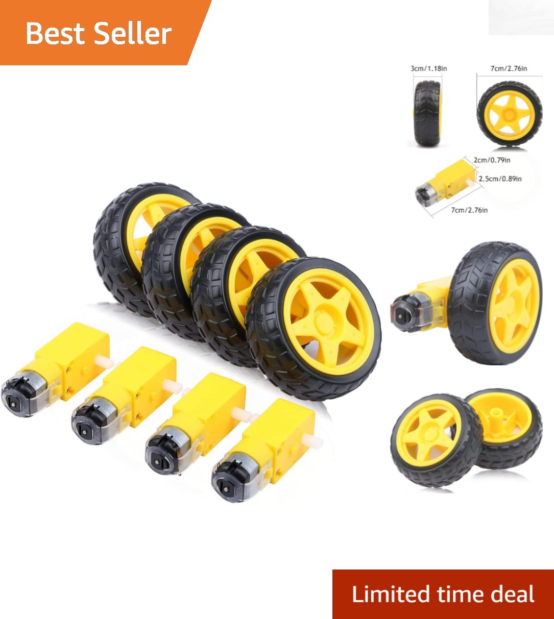 Durable 4-Pack DC Gear Motors with Plastic Tire Wheels for DIY Projects