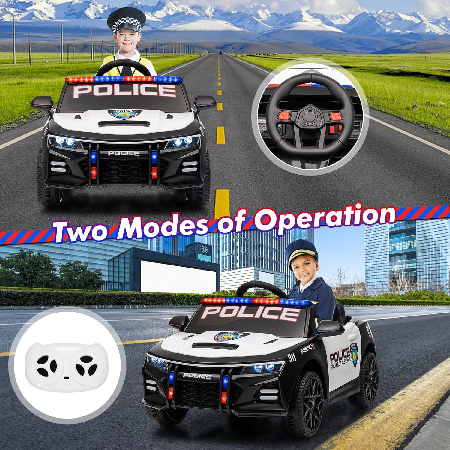 Police Car Ride on Car for Kids, Battery Powered Ride-On Toys Cop Cars with Remo