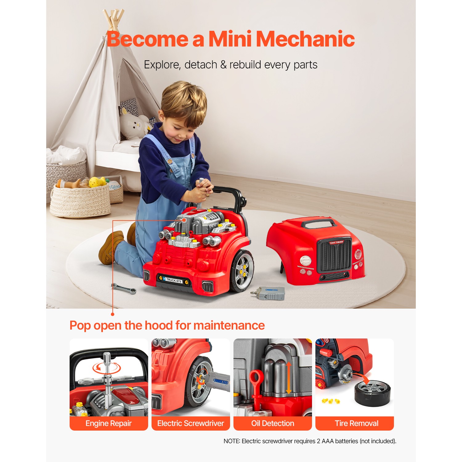 Engine Toy Kids Mechanic Car Repair Set with Removable Parts Red