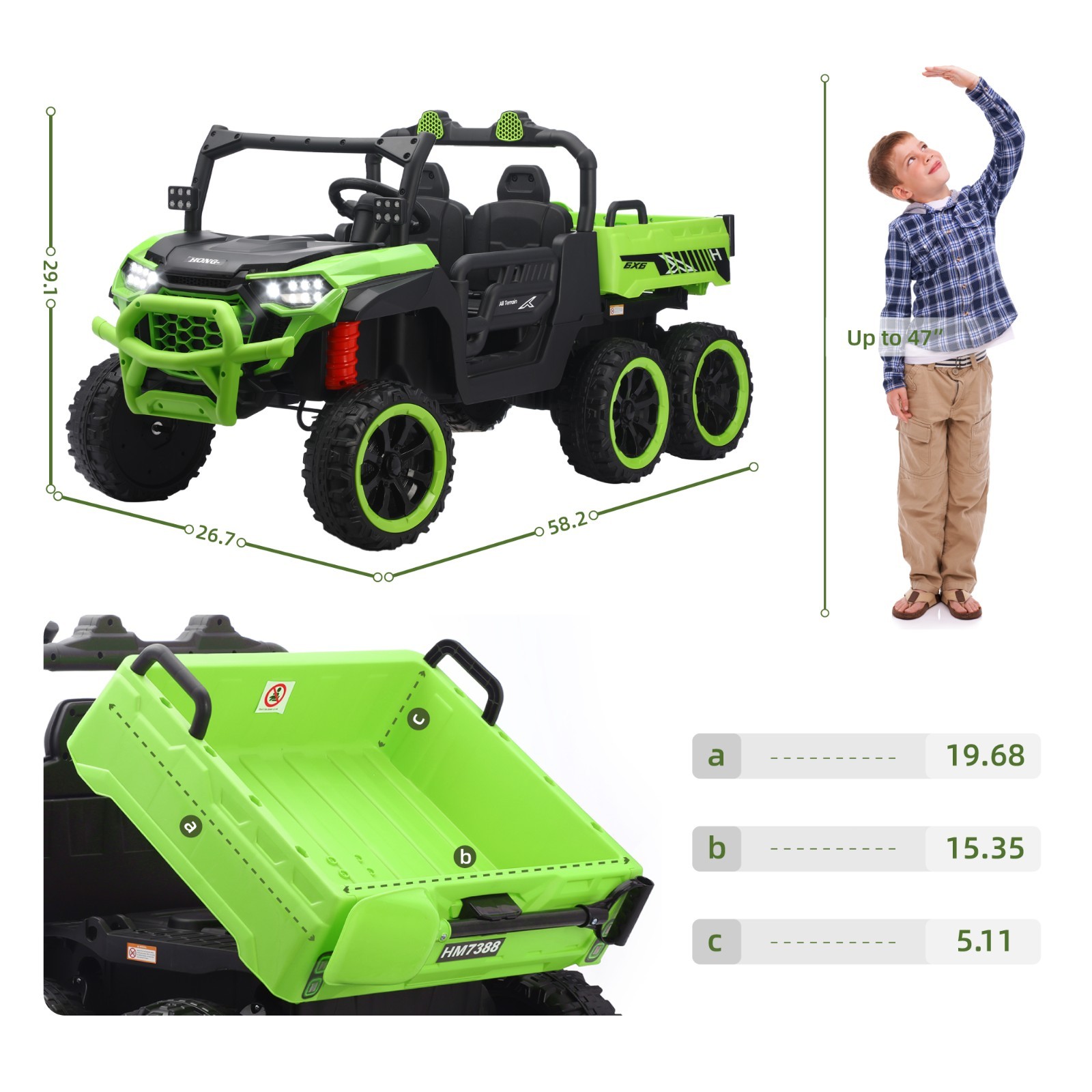 Green 24V Ride on Electric Dump-bed Truck Off-road 7mph 2 Seater Car with Remote