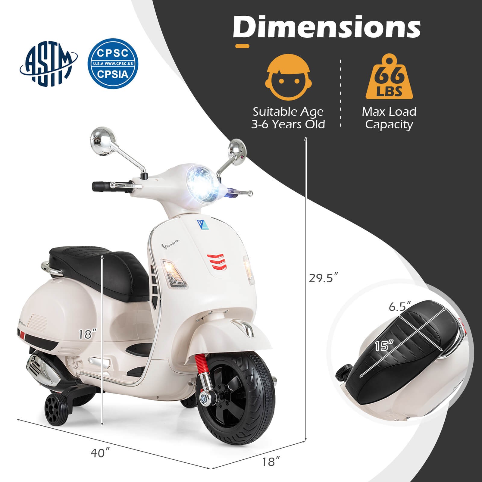 Licensed VESPA 12V Kids Electric Motorcycle w/Music Horn Story Training Wheels