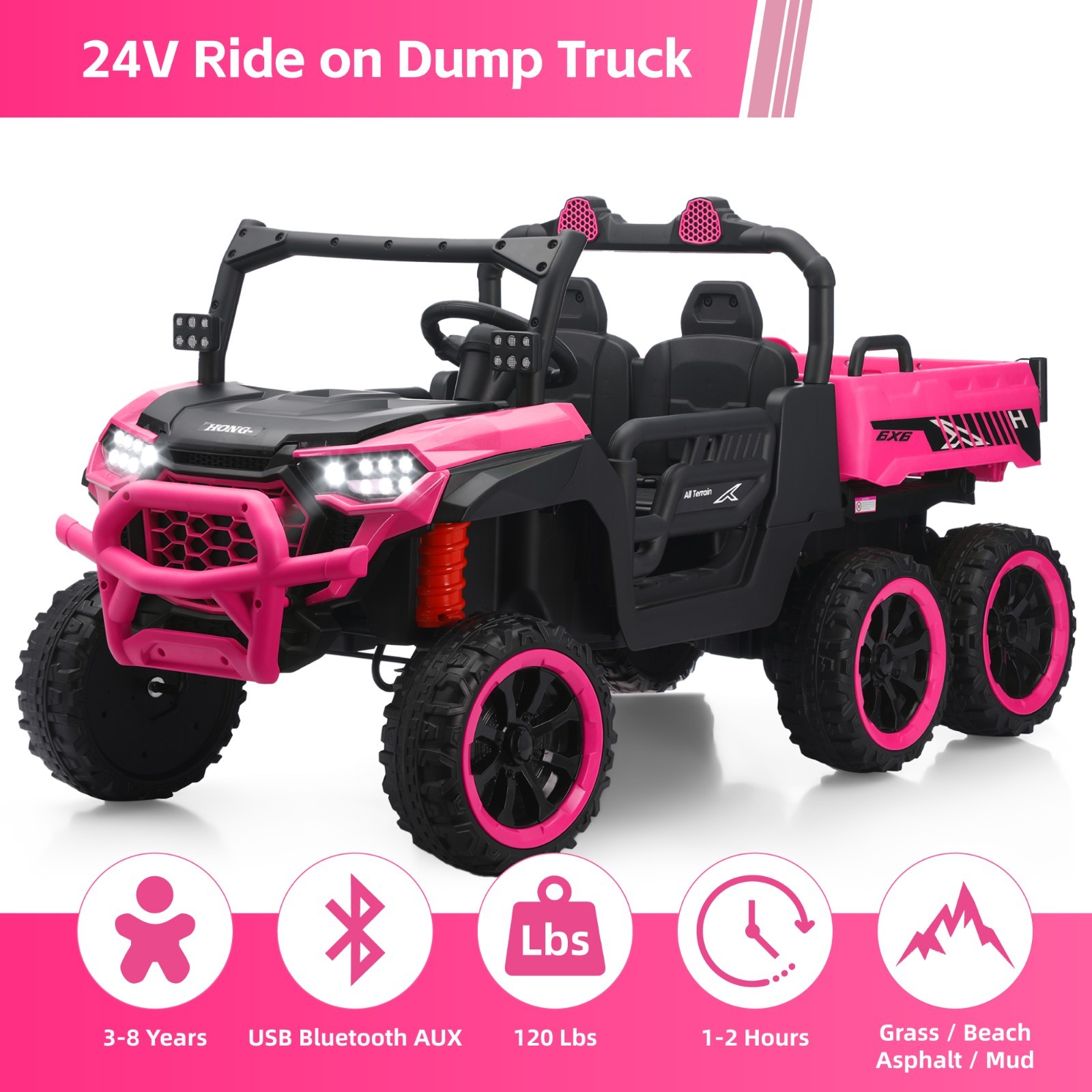 Pink 24V Ride on Electric Dump-bed Truck Off-road 7mph 2 Seater Car with Remote
