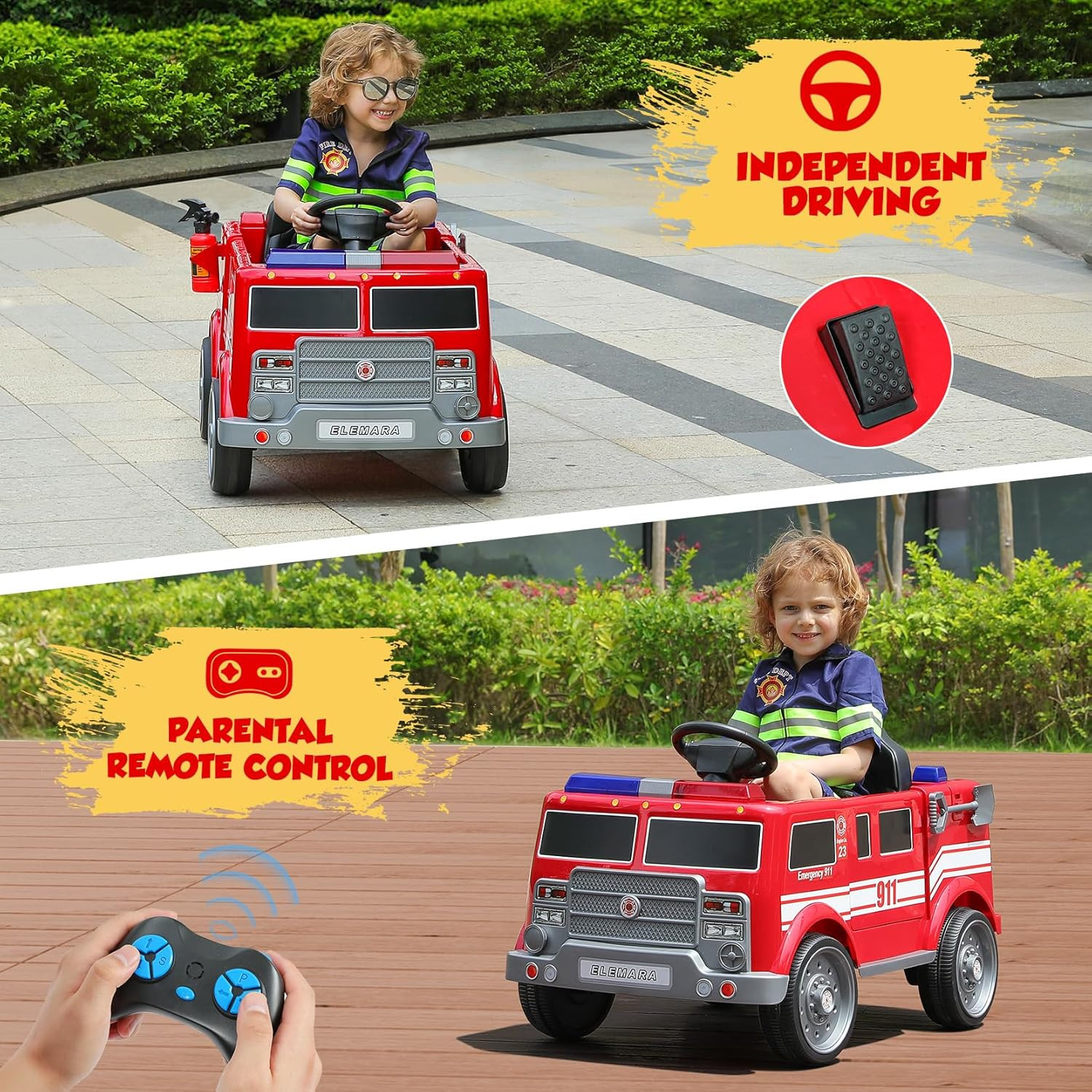 12V Ride on Fire Truck, Battery Powered Toddler Electric Vehicle W/Parent Remote