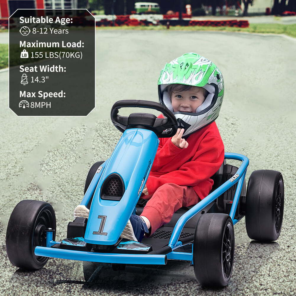 24V Go Kart for 8-12Y Kids, 300W*2 Motors, Drifting, Music, Horn, Load 175lbs