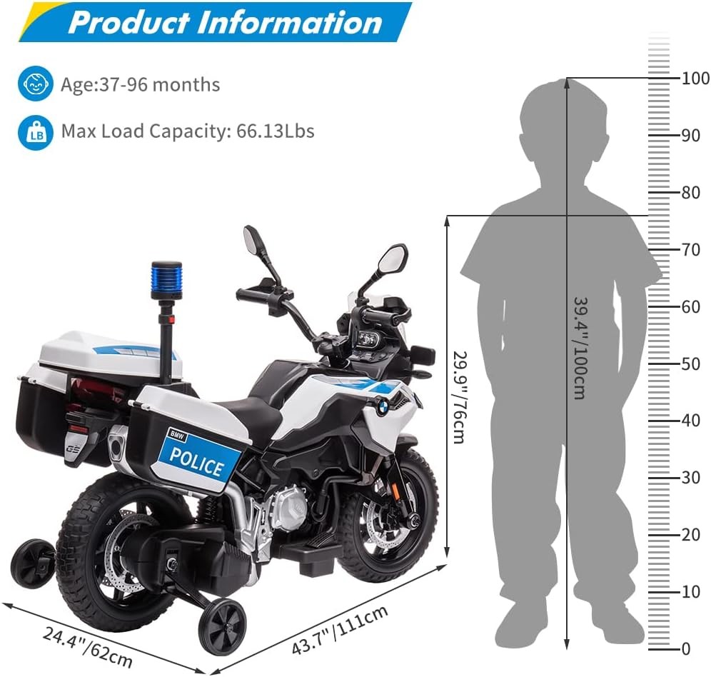 GARVEE 12V Electric BMW Licensed Police Motorcycle Toy for Kids 4-8 – LED Lights