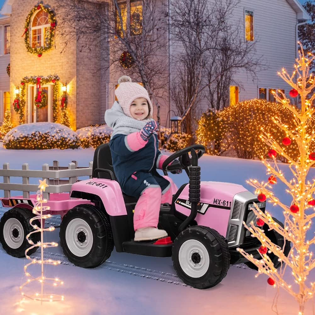 12V Kids Battery Powered Electric Tractor with Trailer, Toddler Ride on Car with