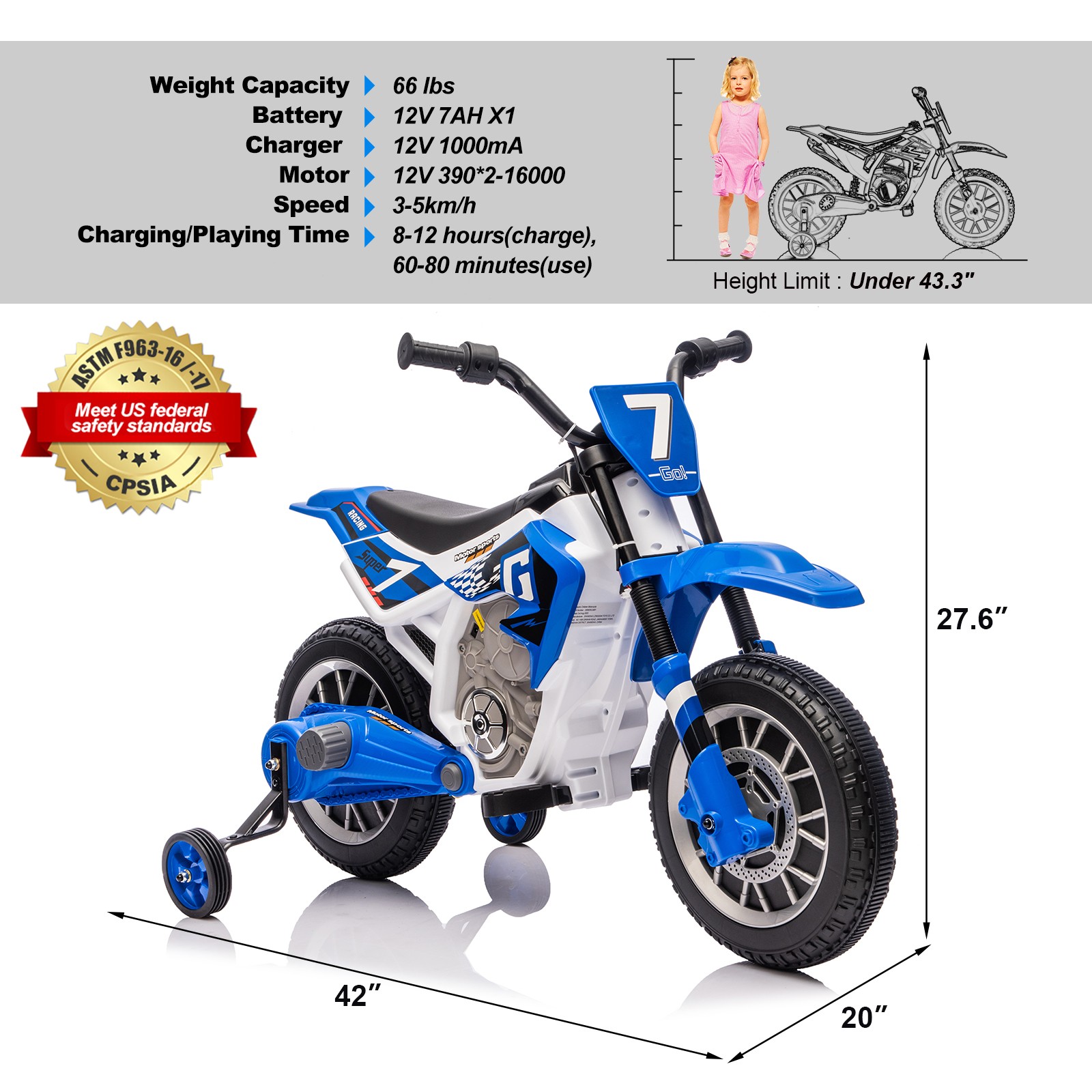 12V Kids Ride On Motorbike Motorcycle Dirt Bike with Music,Training Wheels Blue