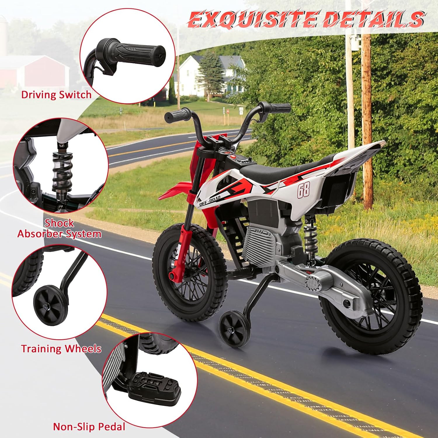 12V Kids Electric Dirt Bike with Training Wheels, Twist Grip Throttle, 3Mph Max