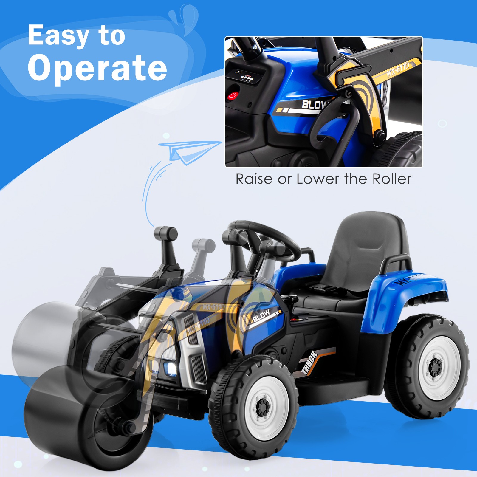 Kids Ride On Road Roller 12V Electric Tractor Remote w/ Music & LED Light