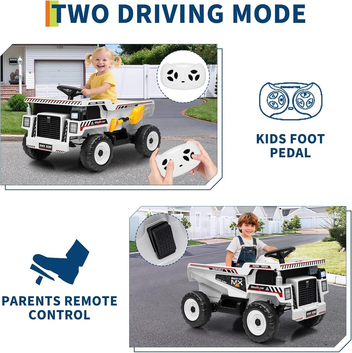 Parent Remote Control 12V Electric Ride-On Dump Truck for Kids, with Dump Bed, S