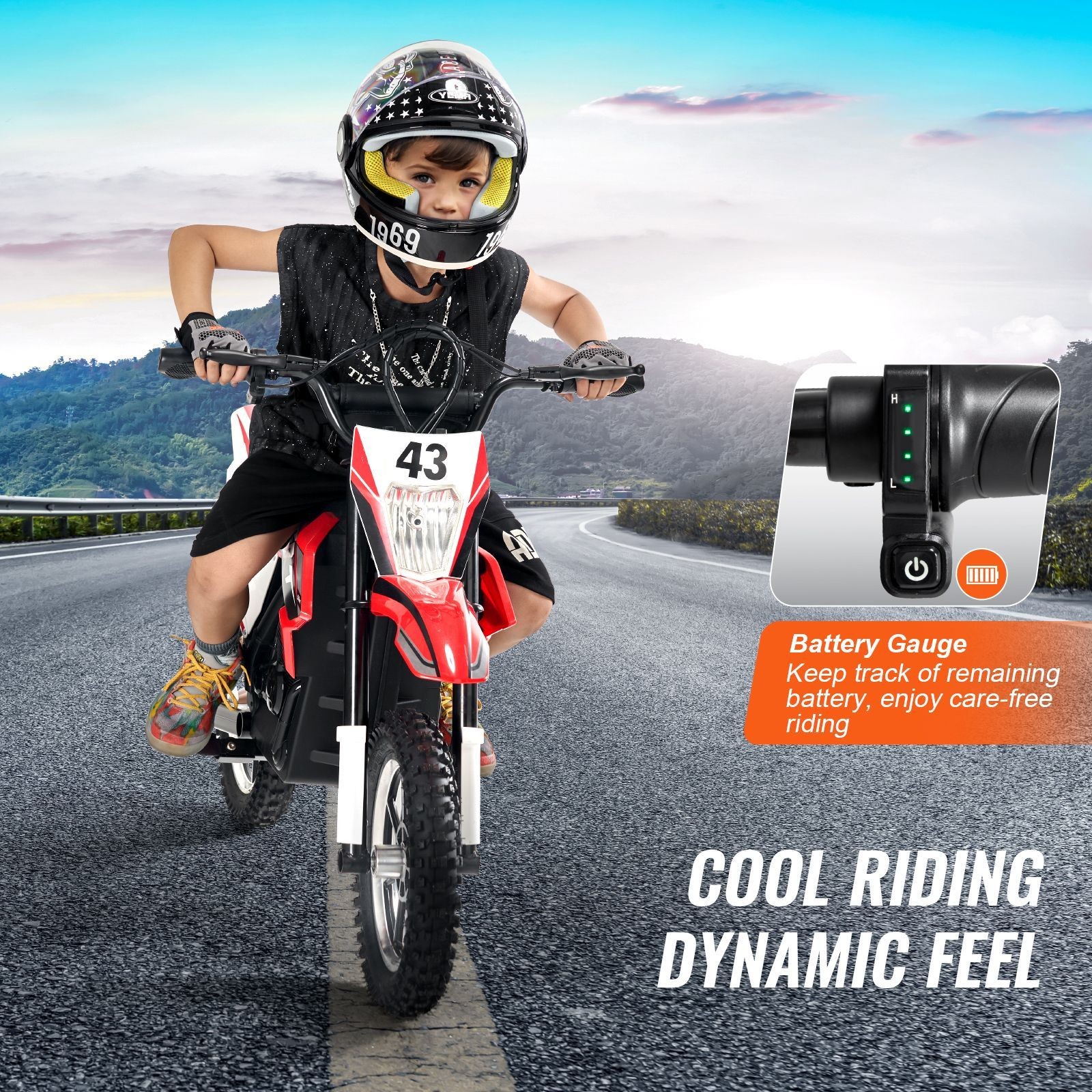 36V Ride On Motorcycle, 15.5mph, Non-Slip Tires, Battery Gauge