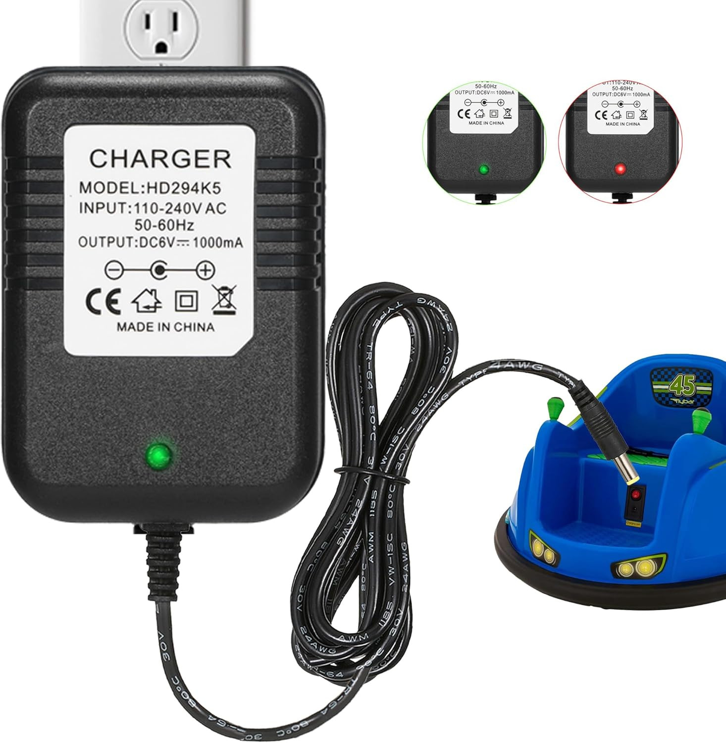 6 Volt Charger for Flybar/Kidzone Bumper Car，Replacement Chargers for Kids Ride