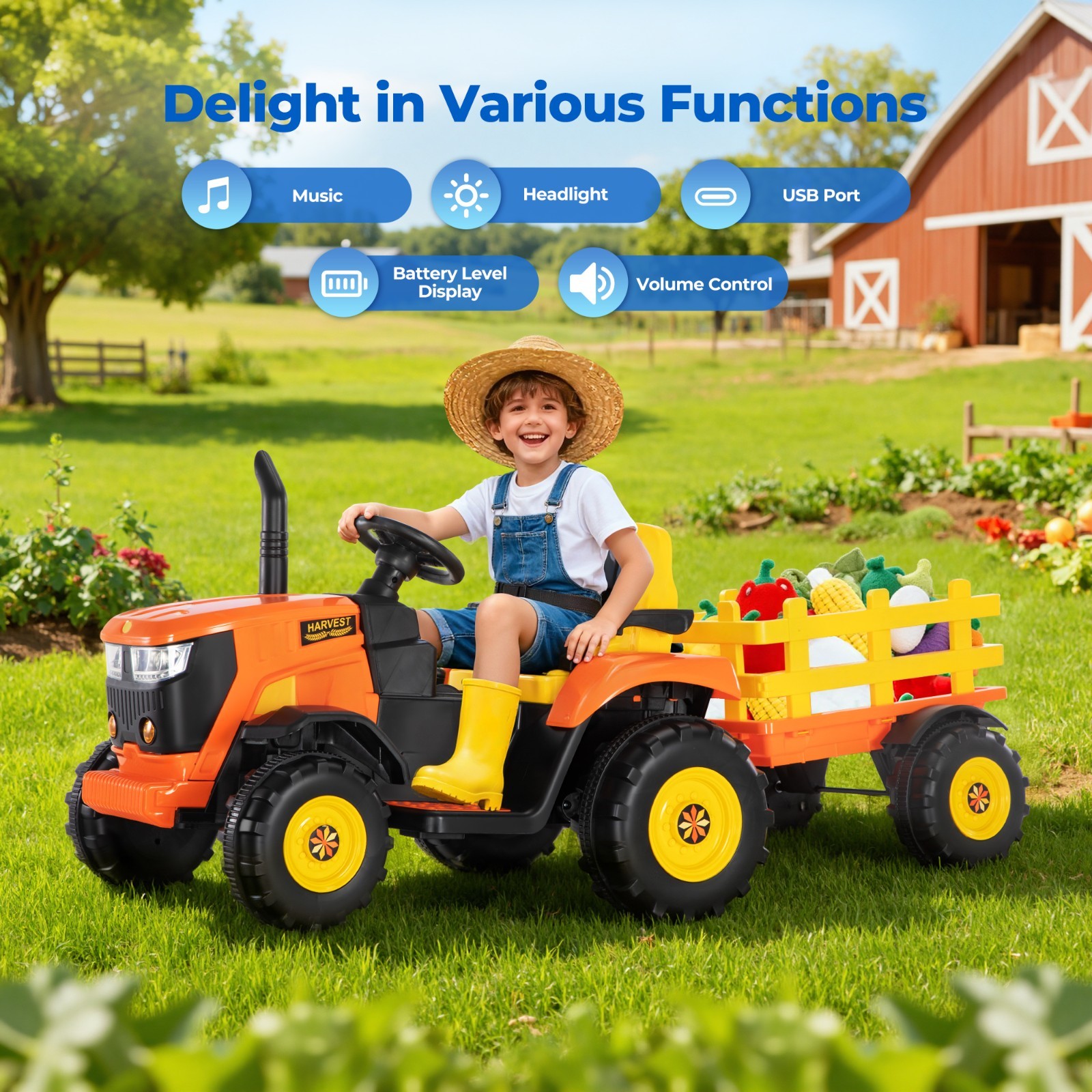 24V Electric Kids Ride On Tractor with Detachable Trailer 2x80W Motors EVA Tires