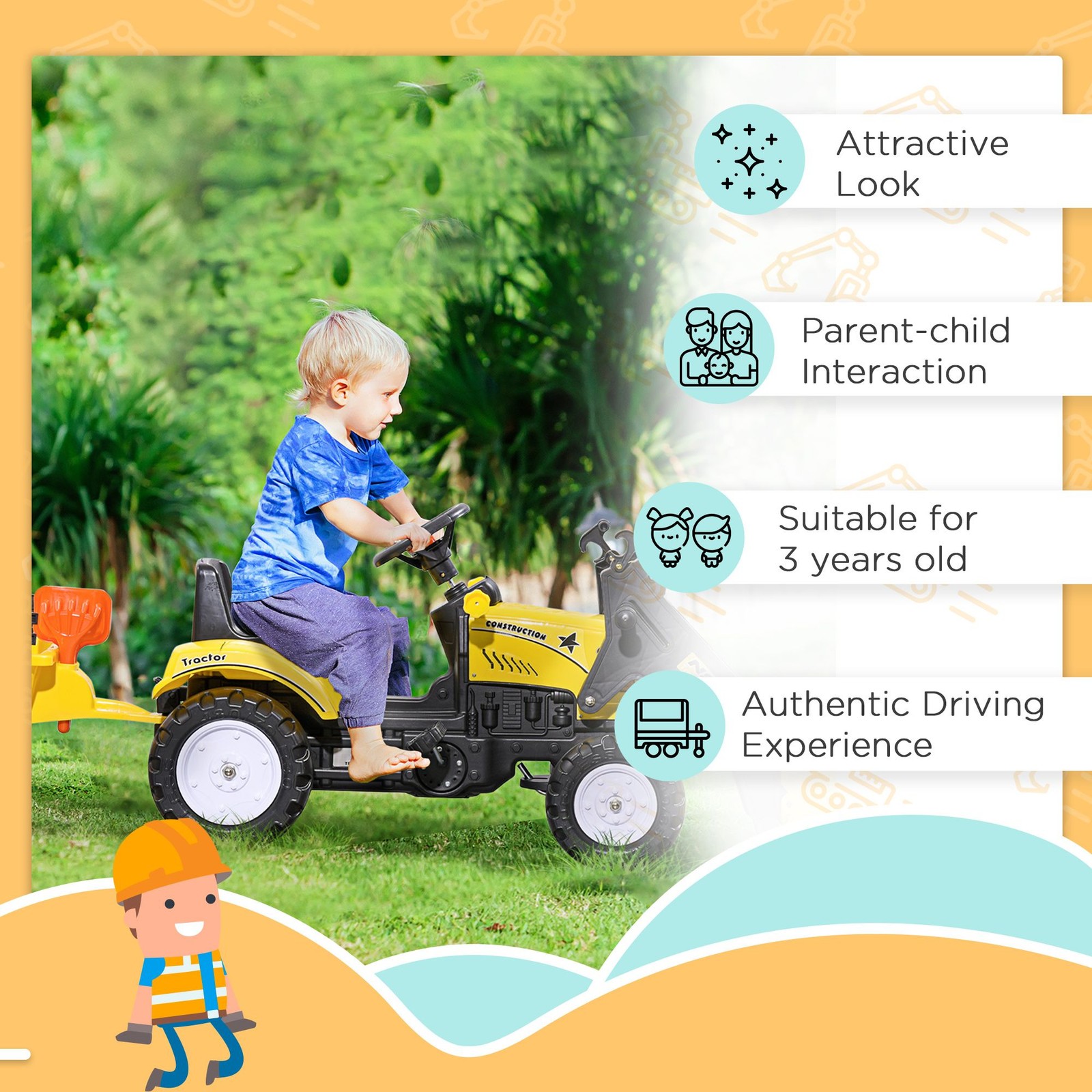 Six-Wheeled Ride-On Excavator for Children with Functional Bucket and Trailer