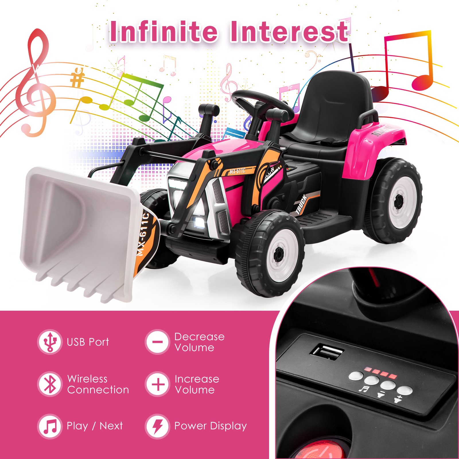 Kids Ride On Excavator Digger 12V Electric Tractor RC w/ Digging Bucket Pink