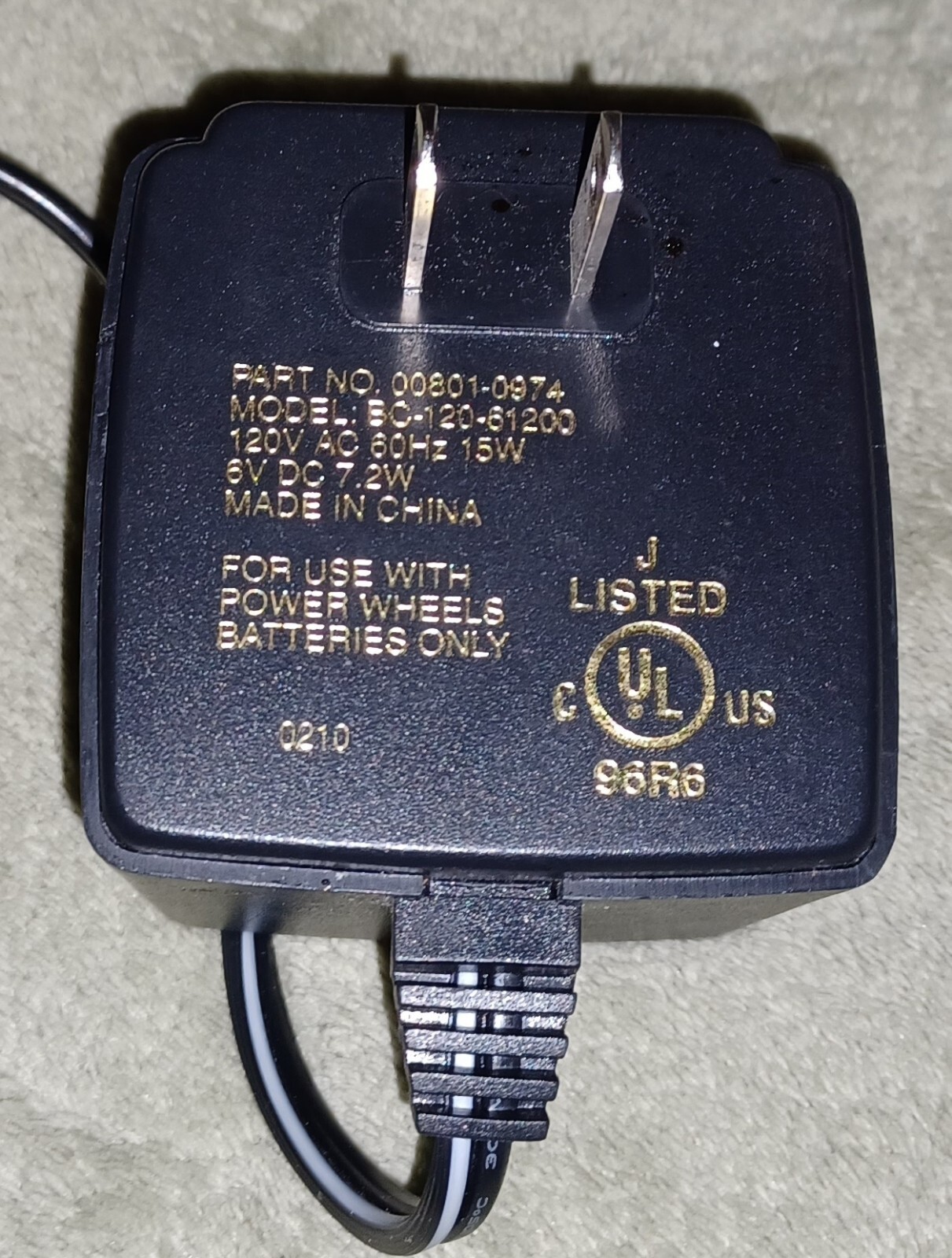 POWER WHEELS Battery Charger/Power Cord/Wall Plug/Supply 00801-0974 6V 6 Volt