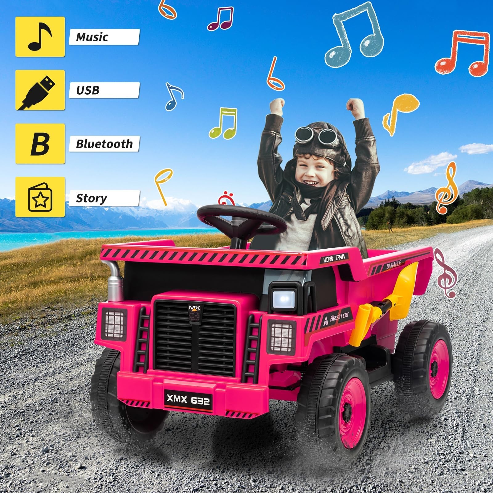 12V Electric Ride On Dump Truck For Kid Ride On Toy With Shovel LED Lights Music