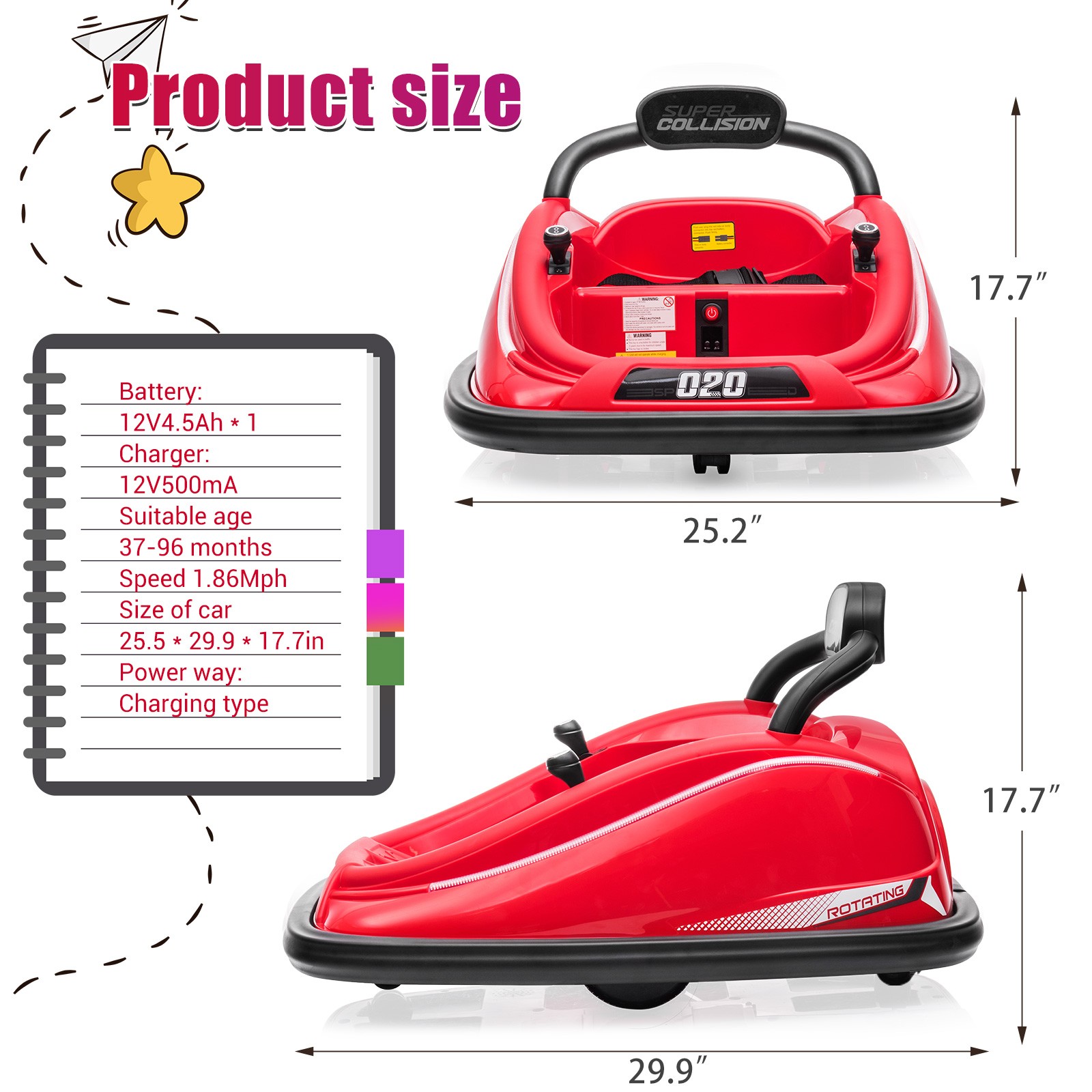 12V Kids Ride On Car Bumper Electric 360° Spin Vehicle Toy Parent Remote Control