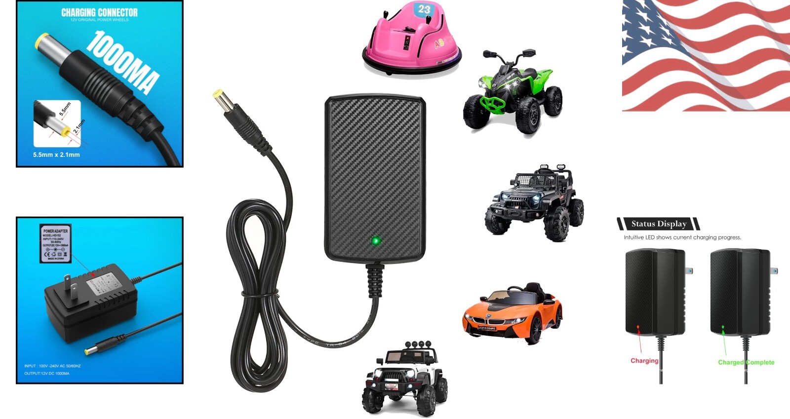 Universal 12V Charger for Kids Electric Cars – Overcharge Protection Included