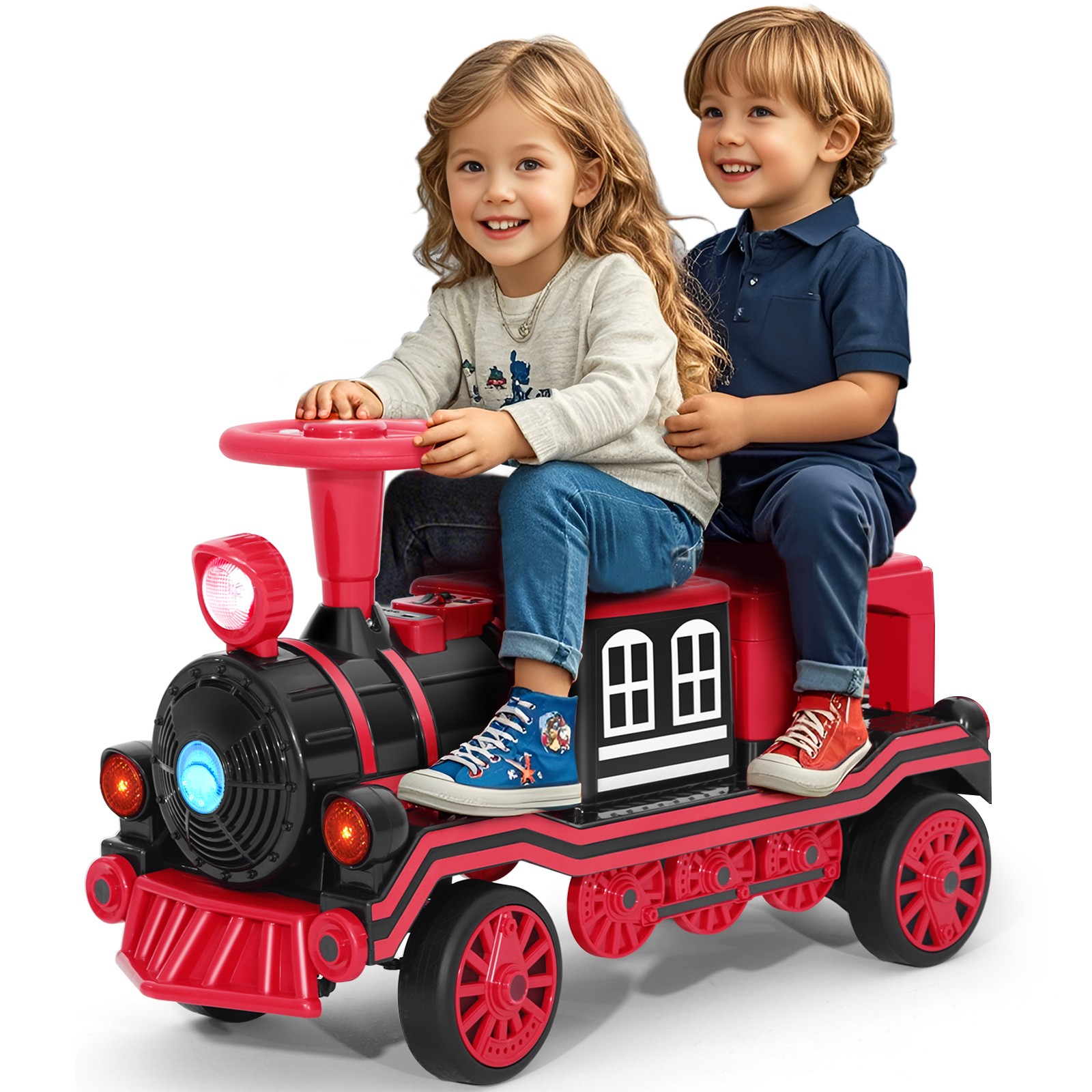 Large 2-Seater Red 12V Battery Kids Ride On Train w/2 Speed,Music,Lights,Storage
