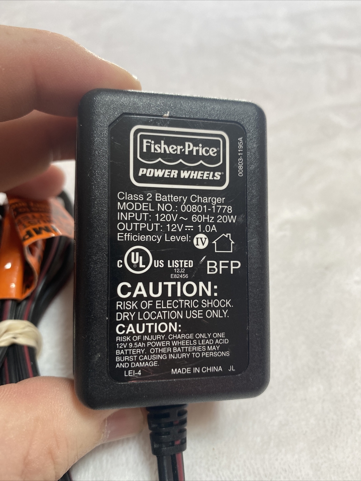 Fisher Price Power Wheels 00801-1778 Class 2 Battery Charger 12V 1.0A