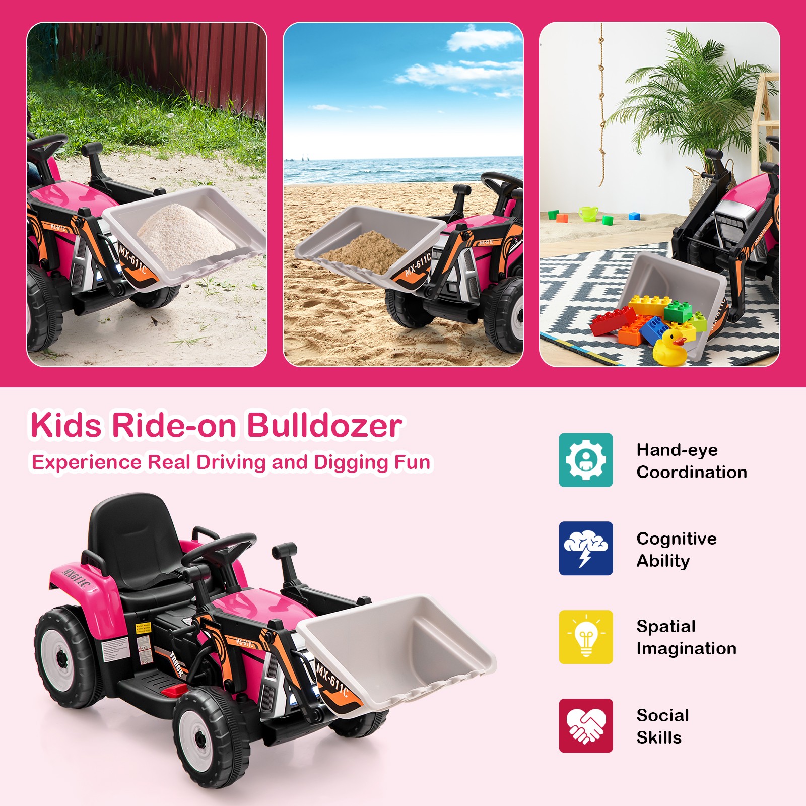 12V Kids Ride On Excavator RC Electric Toy Tractor with 2.4GHz Remote Control